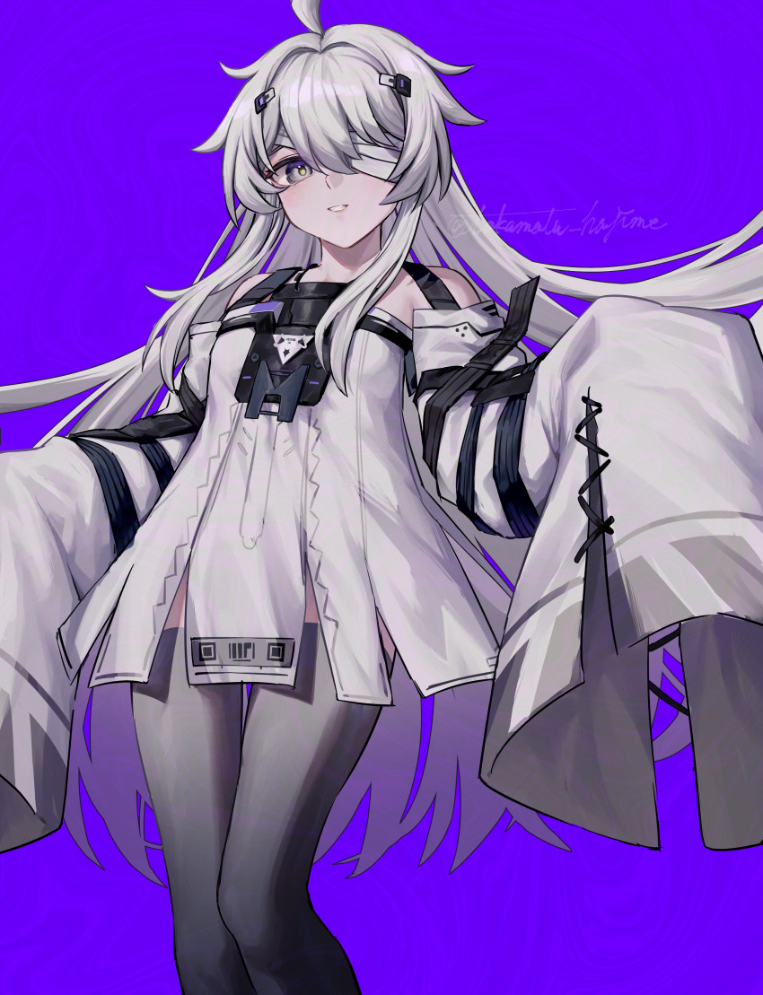 1girl absurdres bandage_over_one_eye bare_shoulders black_thighhighs breasts commentary detached_sleeves dress hair_ornament highres looking_at_viewer no._21_(pgr) parted_lips punishing:_gray_raven purple_background short_dress sleeves_past_fingers sleeves_past_wrists small_breasts solo takamatu_hajime thighhighs very_long_sleeves white_dress white_eyes white_hair