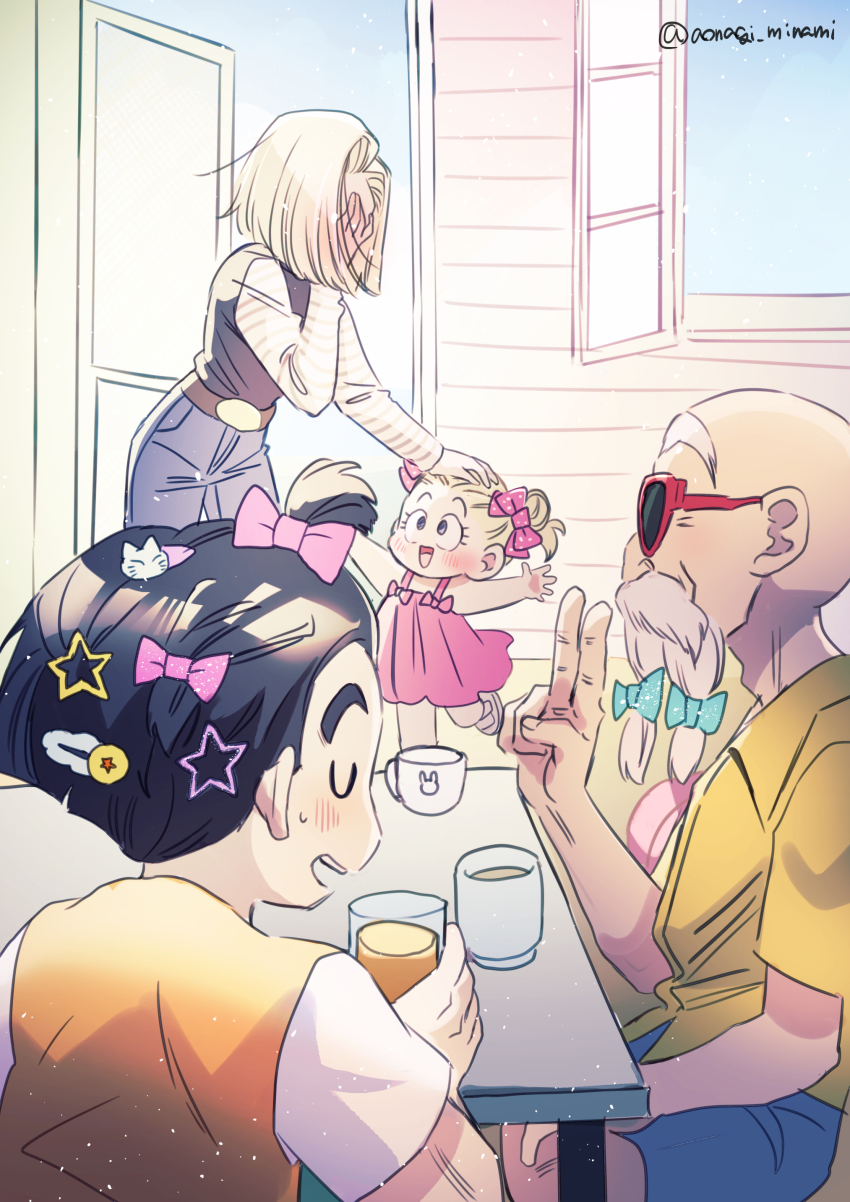 2boys 2girls absurdres android_18 aonagi_minami bald beard beard_bow belt black_hair blonde_hair blush bow cat_hair_ornament child closed_eyes commentary covering_face cup denim double_bun dragon_ball dragonball_z dress drinking_glass facial_hair family hair_bow hair_bun hair_ornament hairclip hand_on_another&#039;s_head headpat highres holding holding_cup house jeans kuririn laughing light_particles marron_(dragon_ball) medium_hair multiple_boys multiple_girls multiple_hair_bows muten_roushi pants parent_and_child pink_dress shirt short_hair short_sleeves sitting smile star_(symbol) star_hair_ornament striped_clothes striped_shirt sunglasses sweatdrop symbol-only_commentary table teacup twitter_username v vest window