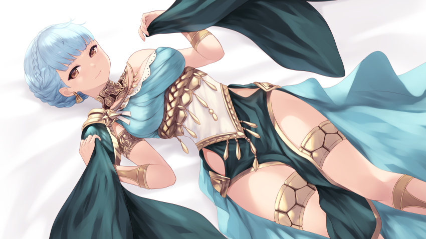 1girl armlet blue_hair braid breasts brown_eyes cait_aron crown_braid dancer dancer_(fire_emblem:_three_houses) dress earrings eyebrows_hidden_by_hair fire_emblem fire_emblem:_three_houses hair_bun highres jewelry large_breasts looking_at_viewer lying marianne_von_edmund marianne_von_edmund_(serene_adherent) marianne_von_edmund_(timeskip) multicolored_dress nintendo official_alternate_costume on_back pelvic_curtain single-shoulder_dress single_hair_bun solo thighlet