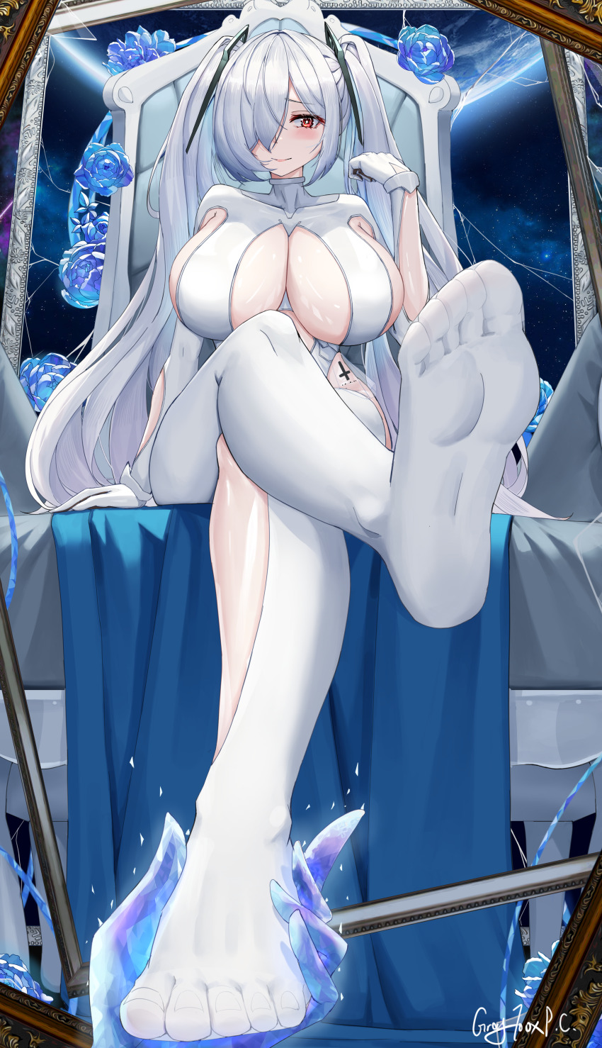 1girl absurdres arm_cutout arm_up armpit_crease armpit_cutout artist_name blue_flower blue_rose blush breasts chair cinderella_(nikke) cleavage_cutout clothing_cutout commentary_request covered_collarbone crack cracked_glass cross cross_print crossed_legs crystal_print crystal_shards earth_(planet) english_text eyelashes feet flower foot_focus from_below full_body furrowed_brow gloves goddess_of_victory:_nikke grayfoxpochi hair_intakes hair_over_one_eye hand_on_another&#039;s_foot hand_on_chair heattech_leotard highres large_breasts leg_cutout leotard long_bangs long_hair looking_at_viewer looking_to_the_side miniskirt navel_cutout no_shoes parted_bangs planet pov pov_hands red_eyes red_hair rose see-through_clothes see-through_skirt signature sitting sitting_on_throne skirt smile soles solo solo_focus star_(sky) starry_sky_background thighhighs throne toenails toes turtleneck twintails white_gloves white_hair white_leotard white_sleeves white_theme white_thighhighs