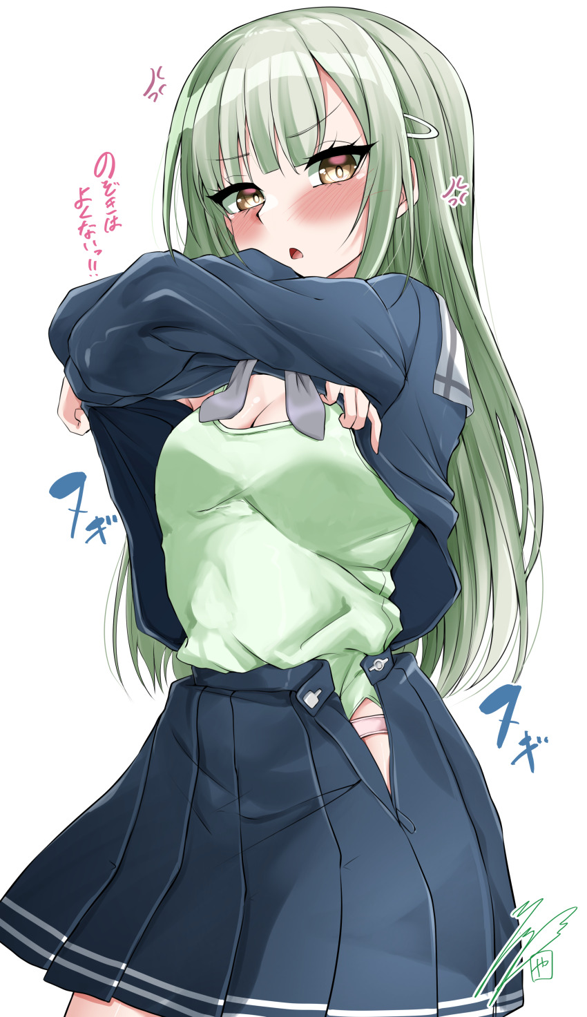 1girl absurdres anger_vein bang_dream! bang_dream!_it&#039;s_mygo!!!!! blue_shirt blue_skirt blush breasts camisole cleavage clothes_lift commentary_request glaring green_camisole green_hair hair_ornament hairclip hands_up highres lifting_own_clothes long_hair long_sleeves looking_at_viewer medium_breasts miniskirt mortis_(bang_dream!) mortis_(persona)_(bang_dream!) open_clothes open_mouth open_skirt panties panty_peek partially_undressed pink_panties pleated_skirt sailor_collar sailor_shirt school_uniform shiny_skin shirt shirt_lift simple_background skirt solo sound_effects straight_hair talking three_quarter_view translation_request tsukinomori_school_uniform underwear undressing unzipped v-shaped_eyebrows wakaba_mutsumi white_background white_sailor_collar winter_uniform ya-man yellow_eyes zipper zipper_pull_tab