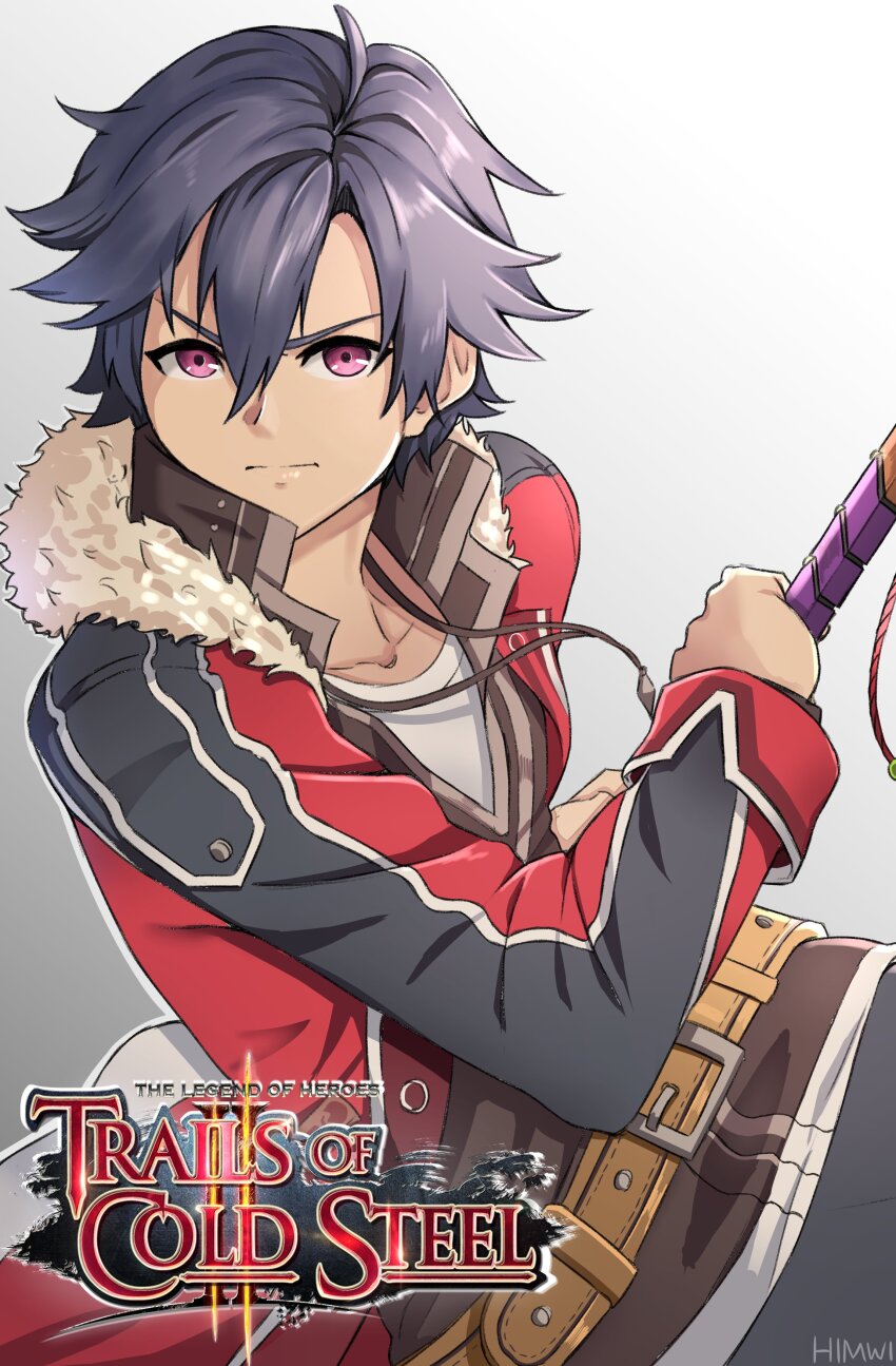 1boy absurdres ahoge artist_name black_hair coat double-parted_bangs eiyuu_densetsu fur_collar gradient_background grey_background hair_between_eyes highres himwi holding holding_sword holding_weapon jewelry katana logo pendant pommel_tassel purple_eyes rean_schwarzer sen_no_kiseki sen_no_kiseki_(series) sen_no_kiseki_ii short_hair simple_background solo sword upper_body weapon
