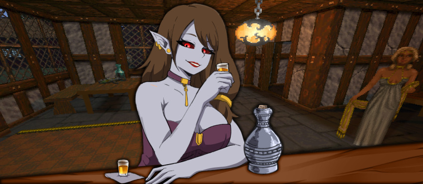 1girl 2girls alcohol bar_(place) black_choker blonde_hair breasts breton brown_hair choker cleavage colored_sclera colored_skin commission corset cup dark_elf dress drinking drinking_glass dunmer earrings elf grey_skin hair_tie highres hoop_earrings jewelry kiihkiih large_breasts lipstick long_hair makeup medieval multiple_earrings multiple_girls pixel_art pointy_ears red_eyes red_sclera shawl shot_glass sketch smile stud_earrings tavern the_elder_scrolls the_elder_scrolls_ii:_daggerfall the_elder_scrolls_iii:_morrowind