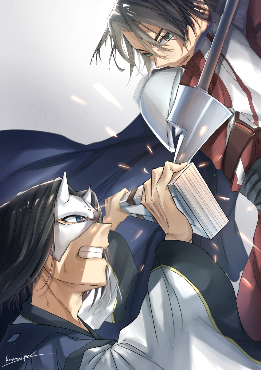 2boys absurdres armor attack benawi black_hair blue_eyes brown_hair green_eyes hakuowlo highres holding holding_polearm holding_weapon japanese_clothes kurumi_pan layered_sleeves long_sleeves male_focus mask multiple_boys parrying pauldrons polearm shoulder_armor tessen utawarerumono war_fan weapon