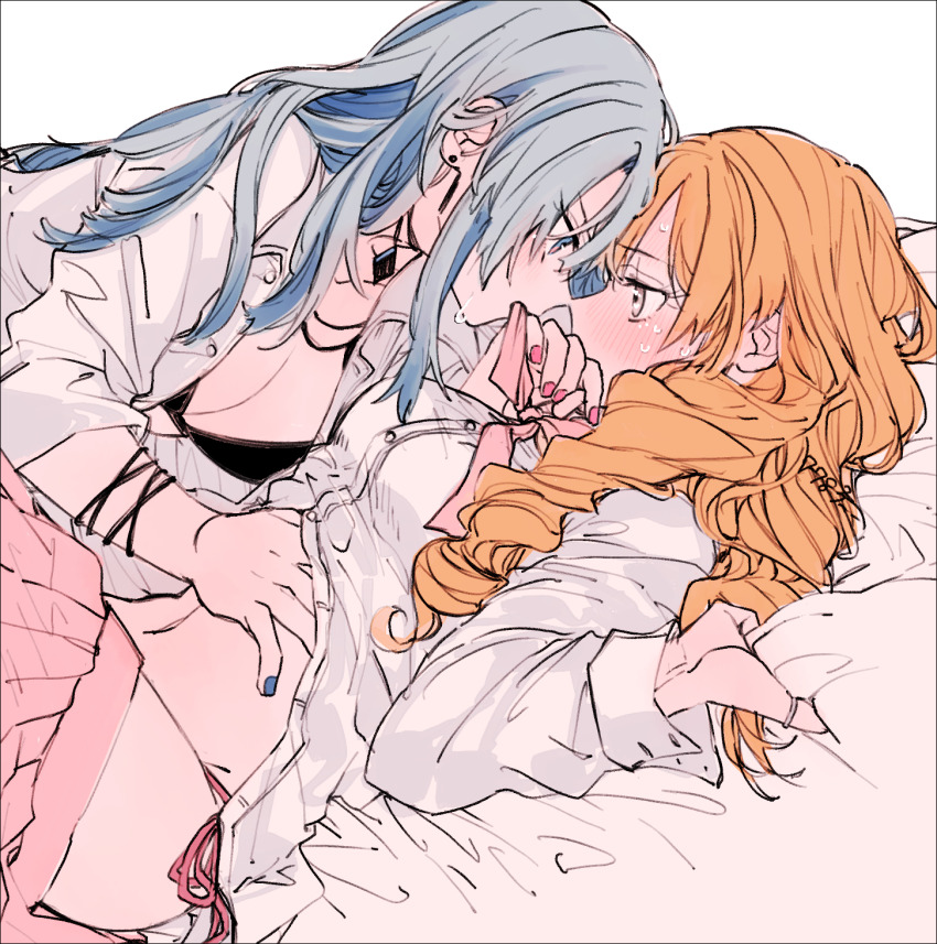 2girls amane_(7783) bed_sheet blue_eyes blue_hair blue_nails blush breasts commentary_request earrings hand_under_clothes highres jewelry lying mouth_hold multicolored_nails multiple_girls nail_polish navel on_back orange_hair original pink_nails ribbon ribbon_in_mouth ring sheet_grab stud_earrings sweat yuri