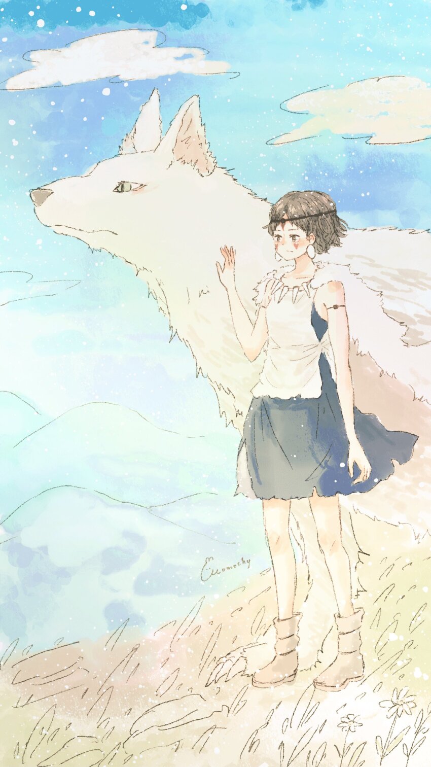 1girl absurdres animal armlet artist_name blue_dress cape circlet closed_mouth cloud commentary_request dress earrings facepaint full_body fur_cape highres jewelry looking_ahead momochy mononoke_hime moro_no_ichizoku san_(mononoke_hime) short_hair sky sleeveless wolf