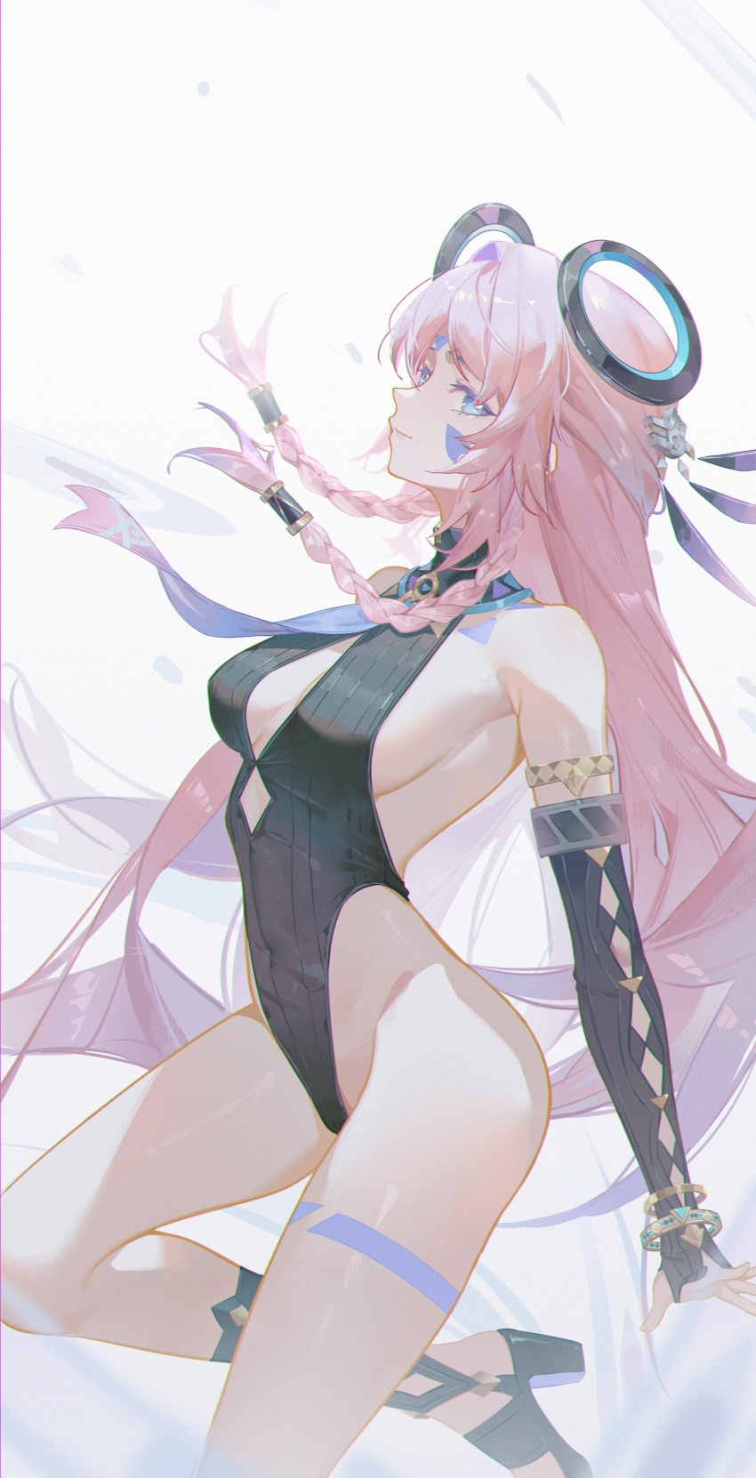 1girl absurdres bare_shoulders black_footwear black_gloves black_leotard blue_eyes blush bracelet braid breasts chinese_commentary citlali_(genshin_impact) closed_mouth collar comet-c commentary_request covered_navel elbow_gloves facial_mark from_side genshin_impact gloves high_heels highleg highleg_leotard highres jewelry large_breasts leotard long_hair looking_at_viewer nose pink_hair pink_pupils ribbed_gloves ribbed_leotard smile solo thighs triangle triangle_facial_mark white_background