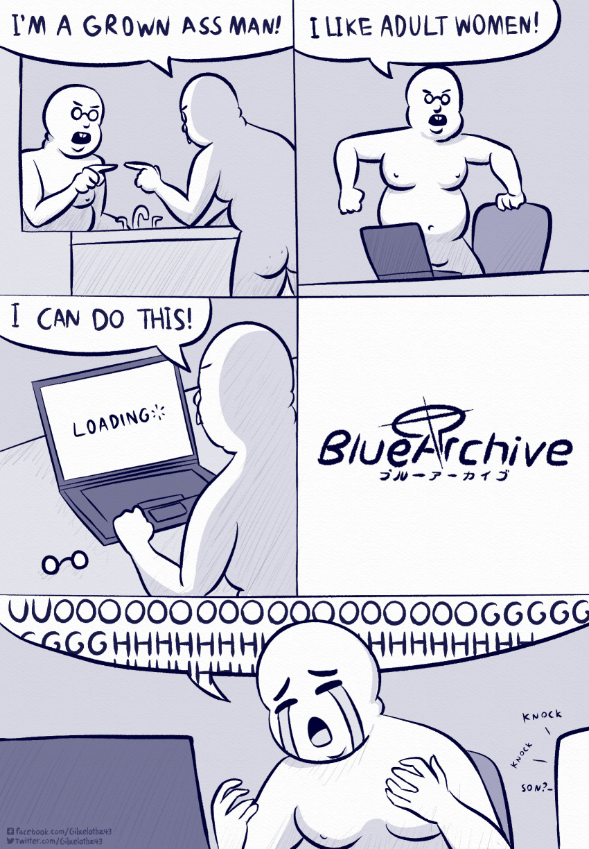 1boy 5koma ass blue_archive buck_teeth closed_eyes comic commentary completely_nude computer copyright_name crying crying_emoji emoji english_commentary english_text gilxelothz43 glasses hands_up highres i&#039;m_a_grown_man_(meme) laptop looking_at_mirror male_focus meme mirror monochrome nude open_mouth pointing speech_bubble streaming_tears tears teeth unworn_eyewear uohhhhhhhhh!_(meme) v-shaped_eyebrows