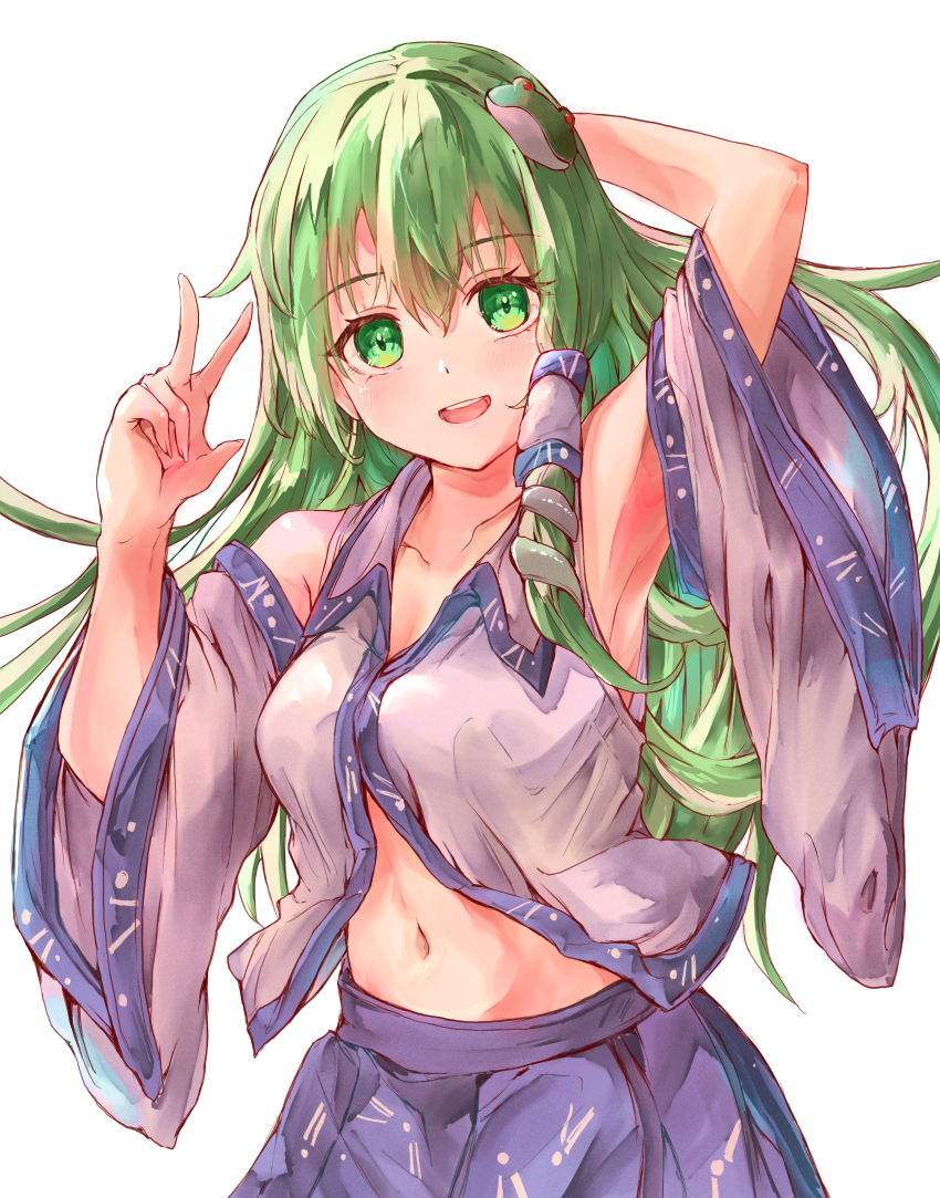 1girl absurdres arm_behind_head arm_up armpits bare_shoulders blue_skirt blue_trim breasts cleavage collared_shirt commentary cowboy_shot detached_sleeves frog_hair_ornament green_eyes green_hair hair_ornament hair_tubes highres ikazuchi_akira kochiya_sanae large_breasts light_blush long_hair long_sleeves looking_at_viewer midriff navel nontraditional_miko open_clothes open_mouth open_shirt patterned_clothing print_skirt shirt simple_background single_hair_tube single_sidelock skirt skirt_set sleeveless sleeveless_shirt smile snake_hair_ornament solo teeth touhou upper_body upper_teeth_only very_long_hair w white_background wide_sleeves wing_collar