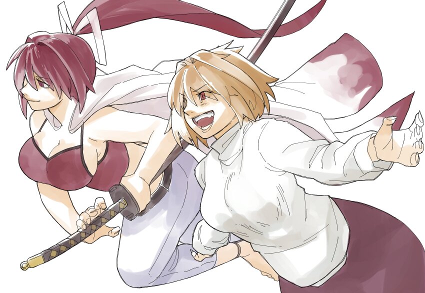 1girl absurdres arcueid_brunestud beffen_m blonde_hair breasts cleavage crop_top french-bread hair_intakes hair_ribbon highres large_breasts long_hair long_sleeves melty_blood melty_blood:_type_lumina multiple_girls open_mouth pants ponytail purple_hair red_arcueid red_eyes ribbon short_hair sideboob simple_background smile sweater sword tsukihime turtleneck under_night_in-birth very_long_hair weapon white_background white_sweater yuzuriha_(under_night_in-birth)