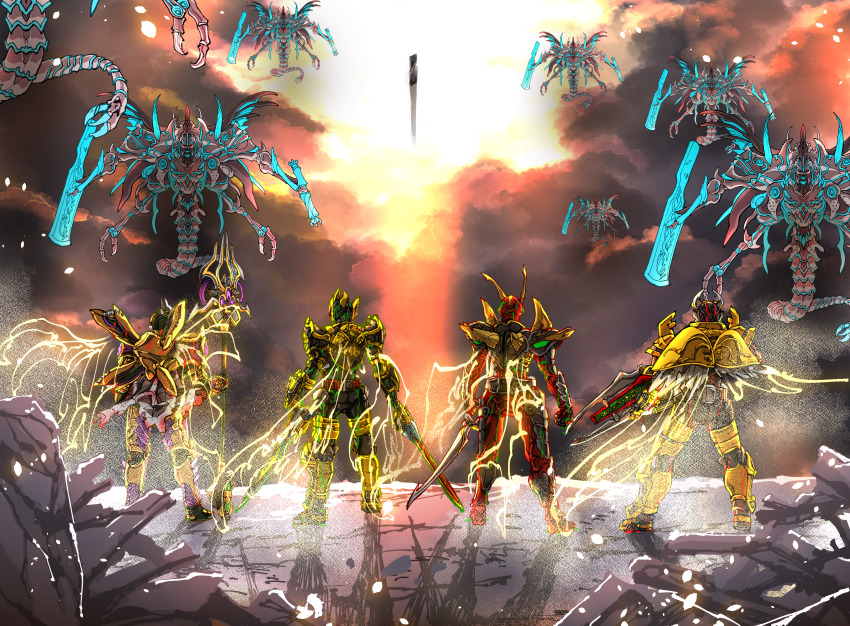 4boys absurdres amakawa_mayu armor bayonet belt blay_buckle blay_rouzer bodysuit bow_(weapon) cannon full_armor full_body gold_armor gun helmet highres holding holding_bow_(weapon) holding_gun holding_staff holding_sword holding_weapon horns kamen_rider kamen_rider_(1st_series) kamen_rider_blade kamen_rider_blade_(king_form) kamen_rider_blade_(series) kamen_rider_chalice kamen_rider_chalice_(wild_form) kamen_rider_garren kamen_rider_garren_(king_form) kamen_rider_leangle kamen_rider_leangle_(king_form) kamen_rider_outsiders king_rouzer mask monster multiple_boys rider_belt staff standing sword tokusatsu weapon