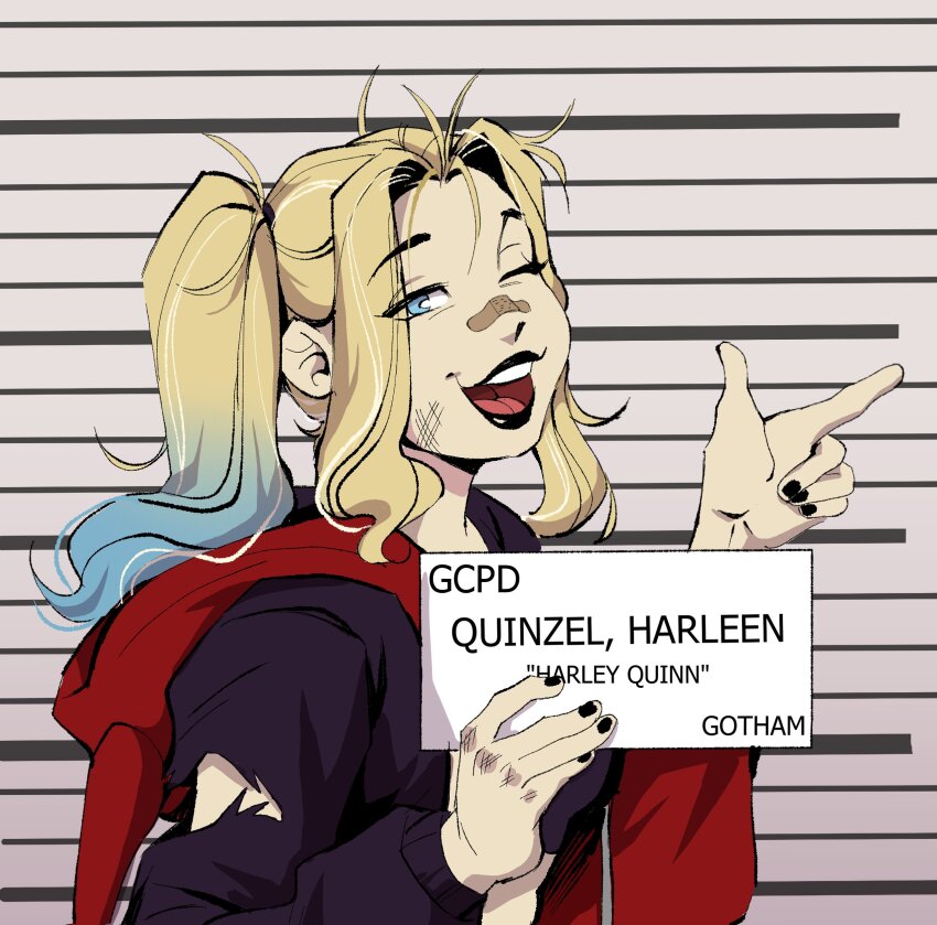 1girl absurdres barbie_mugshot_(meme) batman_(series) black_lips black_nails blonde_hair blue_eyes blue_hair character_name dc_comics gradient_hair harley_quinn height_mark highres holding holding_sign hood hoodie long_hair long_sleeves looking_at_viewer lumieluna makeup meme mugshot multicolored_hair one_eye_closed prison prisoner sign smile torn_clothes torn_hoodie twintails upper_body