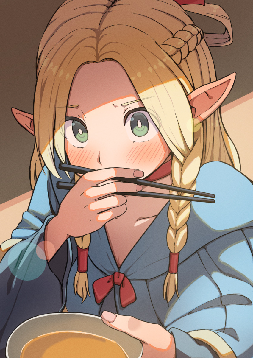 1girl blonde_hair blue_capelet blue_robe blush bowl braid capelet chopsticks dungeon_meshi eating elf green_eyes highres holding holding_chopsticks long_hair marcille_donato multiple_braids pointy_ears robe solo toraneko