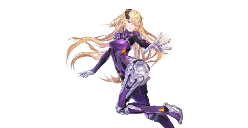 1girl bad_source beatless blonde_hair bodysuit cropped_legs floating_hair hair_ornament high_heels highres long_hair methode_(beatless) official_art open_hand orange_eyes outstretched_arm outstretched_hand purple_bodysuit rekaerb_maerd running simple_background transparent_background very_long_hair