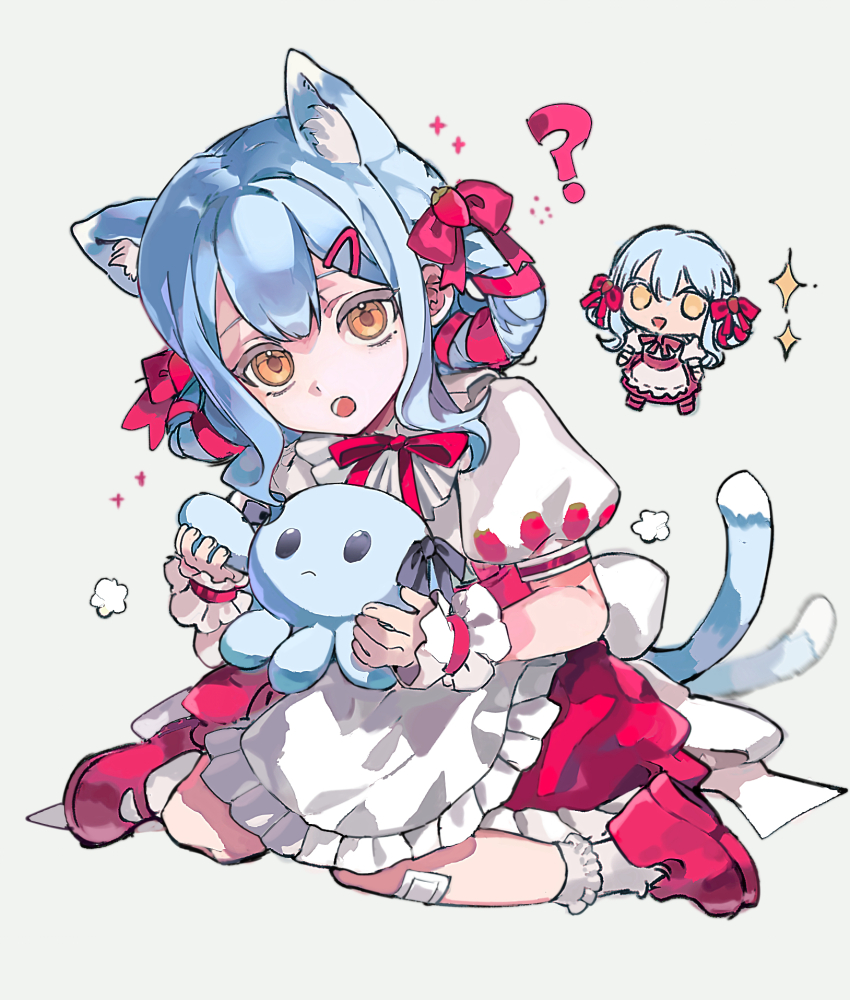 1girl :o ? afterimage aged_down animal_ear_fluff animal_ears apron back_bow bandaid bandaid_on_leg bang_dream! bang_dream!_it&#039;s_mygo!!!!! black_ribbon blue_hair bow cat_ears cat_girl cat_tail center-flap_bangs chibi chibi_inset child chinese_commentary collared_shirt commentary_request double-parted_bangs dust_cloud food-themed_hair_ornament food_print frilled_apron frilled_shirt_collar frilled_skirt frilled_socks frilled_wrist_cuffs frills fruit_print full_body hair_bow hair_ornament hair_ribbon hair_rings hairclip high-waist_skirt highres holding holding_stuffed_toy invisible_floor kemonomimi_mode looking_at_viewer mary_janes medium_hair neck_ribbon octopus official_alternate_costume official_alternate_hair_length official_alternate_hairstyle open_mouth orange_eyes print_shirt puffy_short_sleeves puffy_sleeves red_bow red_ribbon red_shoes red_skirt red_wrist_cuffs ribbon shirt shoes short_sleeves sidelocks simple_background sitting skirt socks sparkle strawberry_hair_ornament strawberry_print stuffed_animal stuffed_toy sweets_paradise tail tail_wagging togawa_sakiko tokinhr two-tone_wrist_cuffs wariza white_apron white_background white_bow white_shirt white_socks white_wrist_cuffs wrist_cuffs yellow_eyes