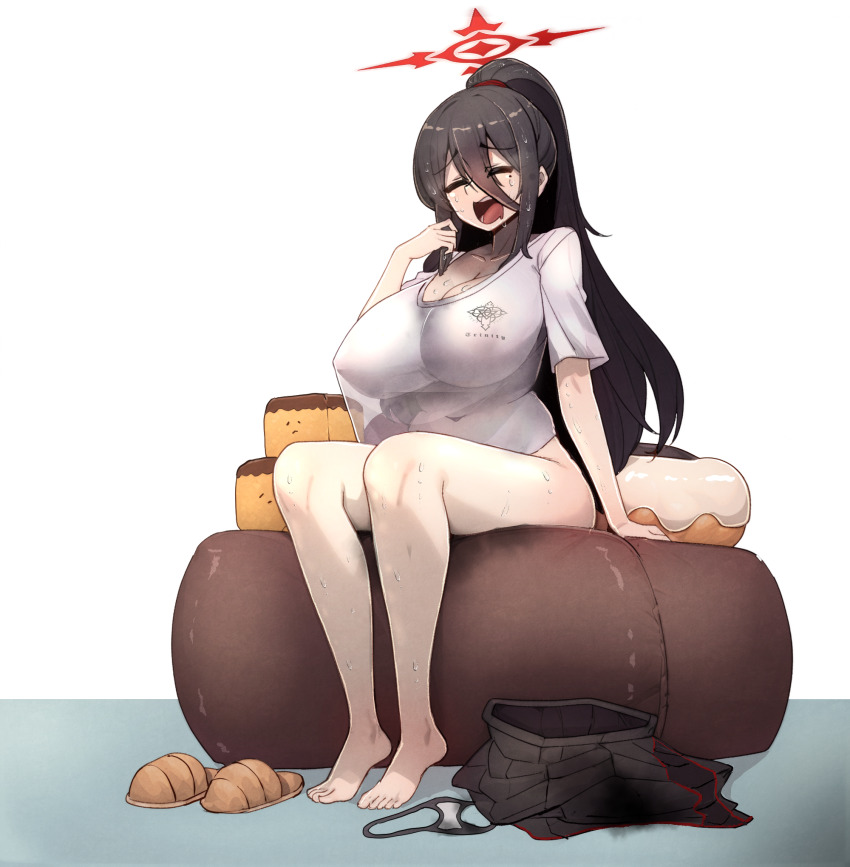 1girl arm_support bare_legs barefoot black_hair black_skirt blue_archive bottomless breasts cleavage closed_eyes collarbone couch covered_erect_nipples curvy donut-shaped_pillow feet flip-flops full_body hair_between_eyes halo hand_on_chair hand_up hasumi_(blue_archive) high_ponytail highres hot huge_breasts long_hair long_hair_between_eyes long_skirt mole mole_under_eye navel nikrop no_bra no_panties on_couch open_mouth panties pillow pleated_skirt plump ponytail red_halo sandals see-through_clothes shirt short_sleeves sidelocks sitting skirt soles sweat t-shirt tiramisu toes trinity_general_school_logo underwear unworn_panties unworn_skirt white_shirt