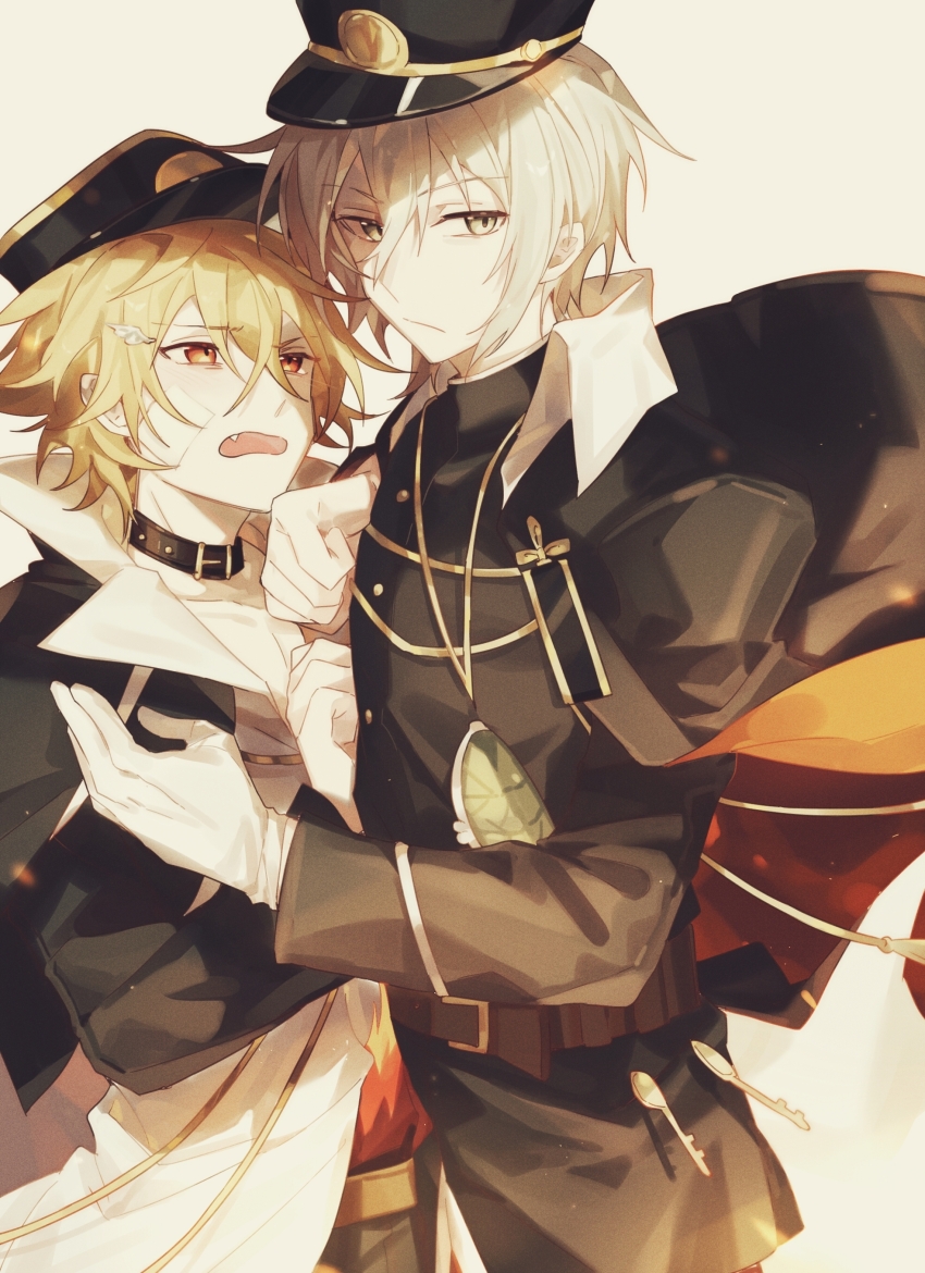 2boys :/ absurdres bandage_on_cheek belt belt_collar black_collar black_hat black_jacket blonde_hair blush brown_belt chinese_commentary closed_mouth collar collared_shirt commentary_request dezhou_chicken_(the_tale_of_food) fang fuli_chicken_(the_tale_of_food) gloves grey_background grey_eyes grey_hair hair_between_eyes hat height_difference highres jacket light_particles long_sleeves male_focus multiple_boys open_collar open_mouth red_eyes shirt short_hair simple_background the_tale_of_food tie_fei_wu_mang_dashuai variant_set white_gloves white_shirt