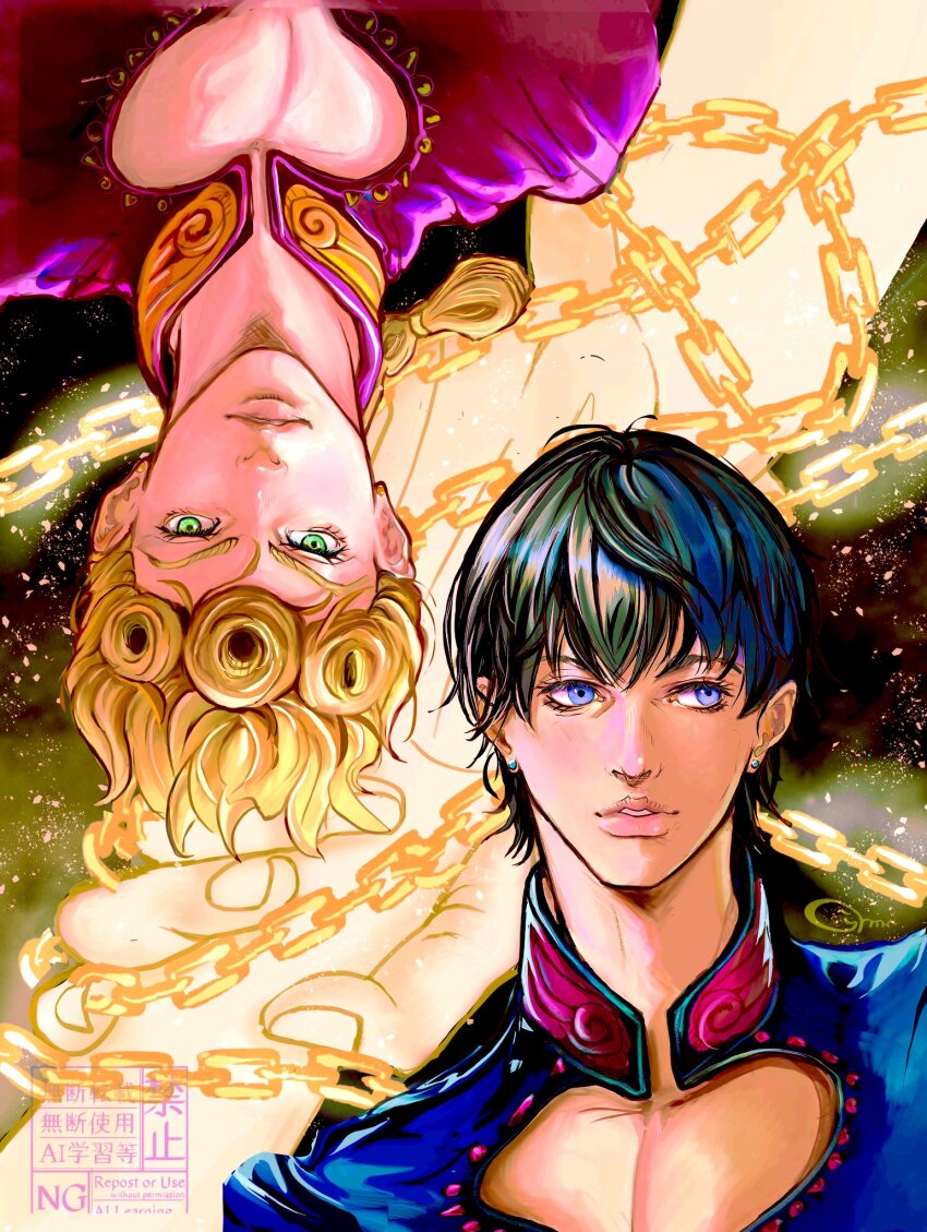 2boys 667dh black_hair blonde_hair blue_eyes blue_jacket braid braided_ponytail chain cleavage_cutout clothing_cutout commentary commentary_request curly_hair earrings giorno_giovanna gold_chain green_eyes haruno_shiobana high_collar highres jacket jewelry jojo_no_kimyou_na_bouken male_focus multiple_boys parted_lips pectoral_cleavage pectorals pink_jacket short_hair single_braid stud_earrings time_paradox upside-down vento_aureo wing_ornament