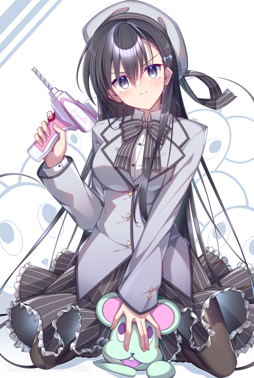 &gt;:) 1girl \||/ akiyoshi_fuyuka beret black_bow black_bowtie black_hair black_pantyhose black_ribbon black_skirt blush bow bowtie breasts buttons character_name closed_mouth collared_shirt commentary_request diamond_button diamond_hair_ornament eyes_visible_through_hair frilled_skirt frills full_body grey_eyes grey_hat grey_jacket hair_between_eyes hand_up hat hat_ribbon head_tilt highres holding_power_drill jacket kanojo_no_seiiki kneeling large_breasts long_hair long_sleeves looking_at_viewer mate_(oktavia1121) pantyhose power_drill ribbon school_uniform shirt simple_background skirt smile smug solo straight_hair striped_bow striped_bowtie striped_clothes striped_skirt stuffed_animal stuffed_mouse stuffed_toy twitter_username v-shaped_eyebrows vertical-striped_clothes vertical-striped_skirt very_long_hair watermark white_background white_shirt