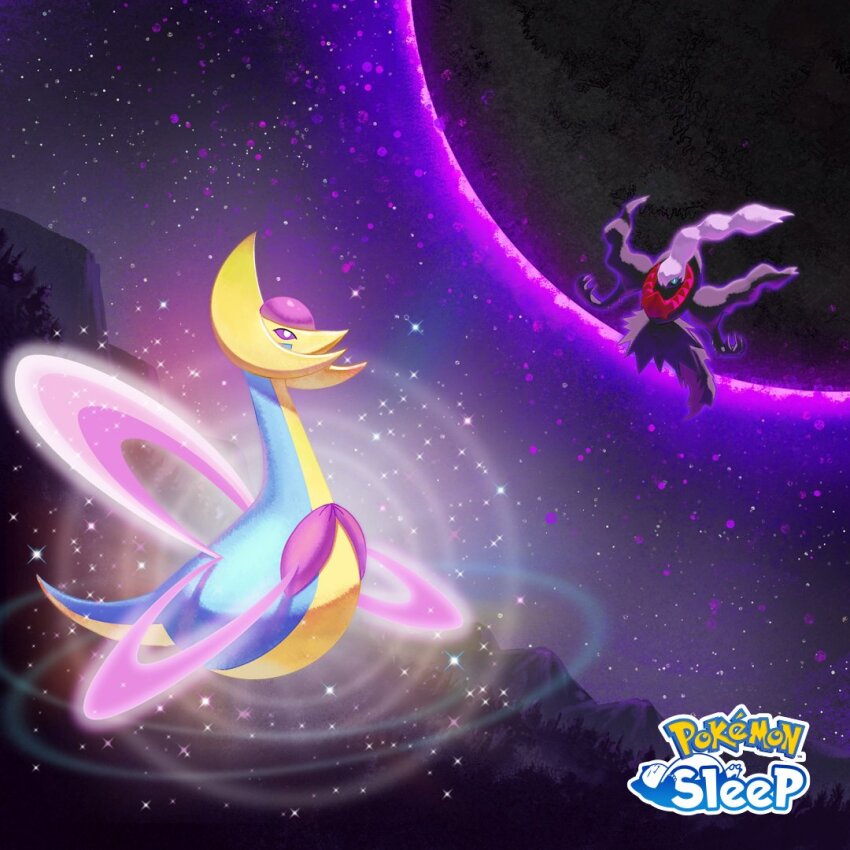 bright_pupils commentary_request copyright_name cresselia darkrai gen_4_pokemon glowing legendary_pokemon moon mountainous_horizon mythical_pokemon nintendo no_humans official_art outdoors pokemon pokemon_(creature) pokemon_focus pokemon_sleep purple_eyes sky white_pupils