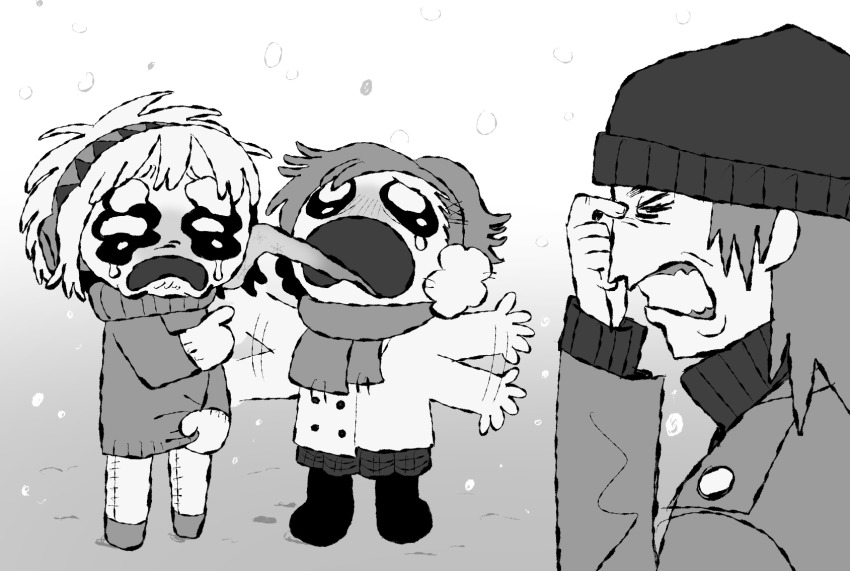 1boy 2girls aigis_(persona) aragaki_shinjirou beanie buttons chibi clenched_teeth closed_eyes coat crying crying_with_eyes_open double-breasted flailing frustrated greyscale hair_ornament hairband hairclip hat highres jukgidoraon long_sleeves medium_hair mittens monochrome multiple_girls open_mouth persona persona_3 persona_3_portable plaid_clothes plaid_skirt pleated_skirt pointing pointing_at_another ponytail sad scarf shiomi_kotone short_hair skirt snowing sweater tearing_up tears teeth tongue tongue_out tongue_stuck_frozen winter