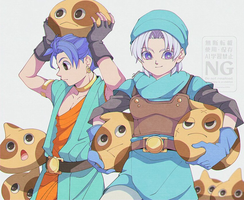 29qmatatavi 2boys 6+others aqua_hat aqua_robe aqua_tunic armlet armor arms_up belt belt_buckle black_eyes black_shirt blue_gloves blue_hair blurry blurry_background breastplate bright_pupils brown_armor brown_belt buckle choker collarbone cowboy_shot creature dragon_quest dragon_quest_vi earrings fingerless_gloves gloves gold_armlet gold_choker gold_earrings grey_gloves hat hero_(dq6) holding holding_creature hoop_earrings jewelry looking_at_another looking_down mottle_slime multiple_boys multiple_others open_mouth orange_tunic pants parted_bangs profile purple_eyes shirt short_hair terry_(dq6) toned toned_male tunic white_background white_pants white_pupils