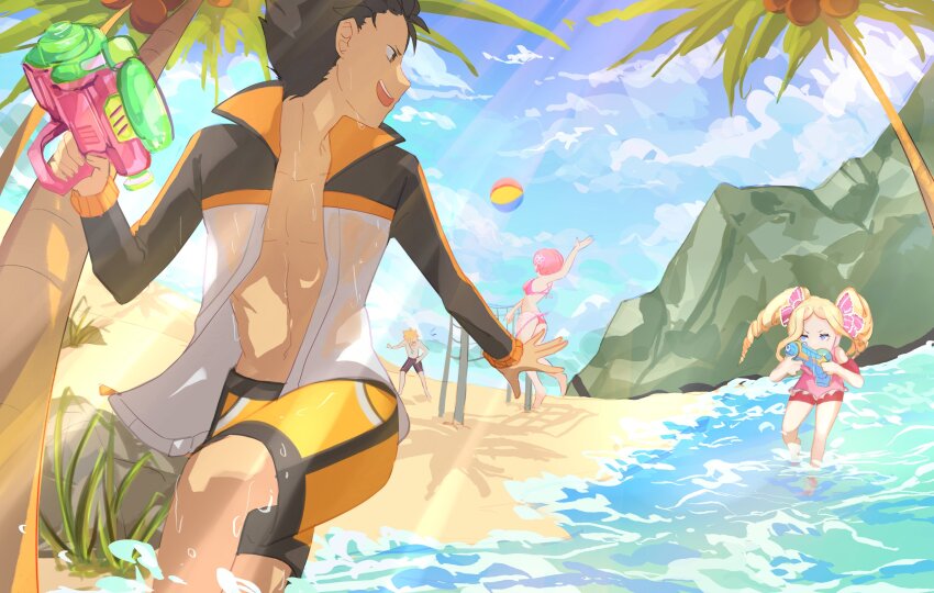 2boys 2girls abs absurdres ass ball beach beatrice_(re:zero) bikini black_hair blonde_hair blue_eyes brown_eyes coconut drill_hair garfiel_tinsel hair_ribbon highres multiple_boys multiple_girls muscular muscular_male natsuki_subaru ocean palm_tree pink_hair ram_(re:zero) re:zero_kara_hajimeru_isekai_seikatsu ribbon riin(yjirch) rock running sand shorts sunlight swimsuit tree twin_drills volleyball volleyball_(object) volleyball_net water_gun wet wet_clothes