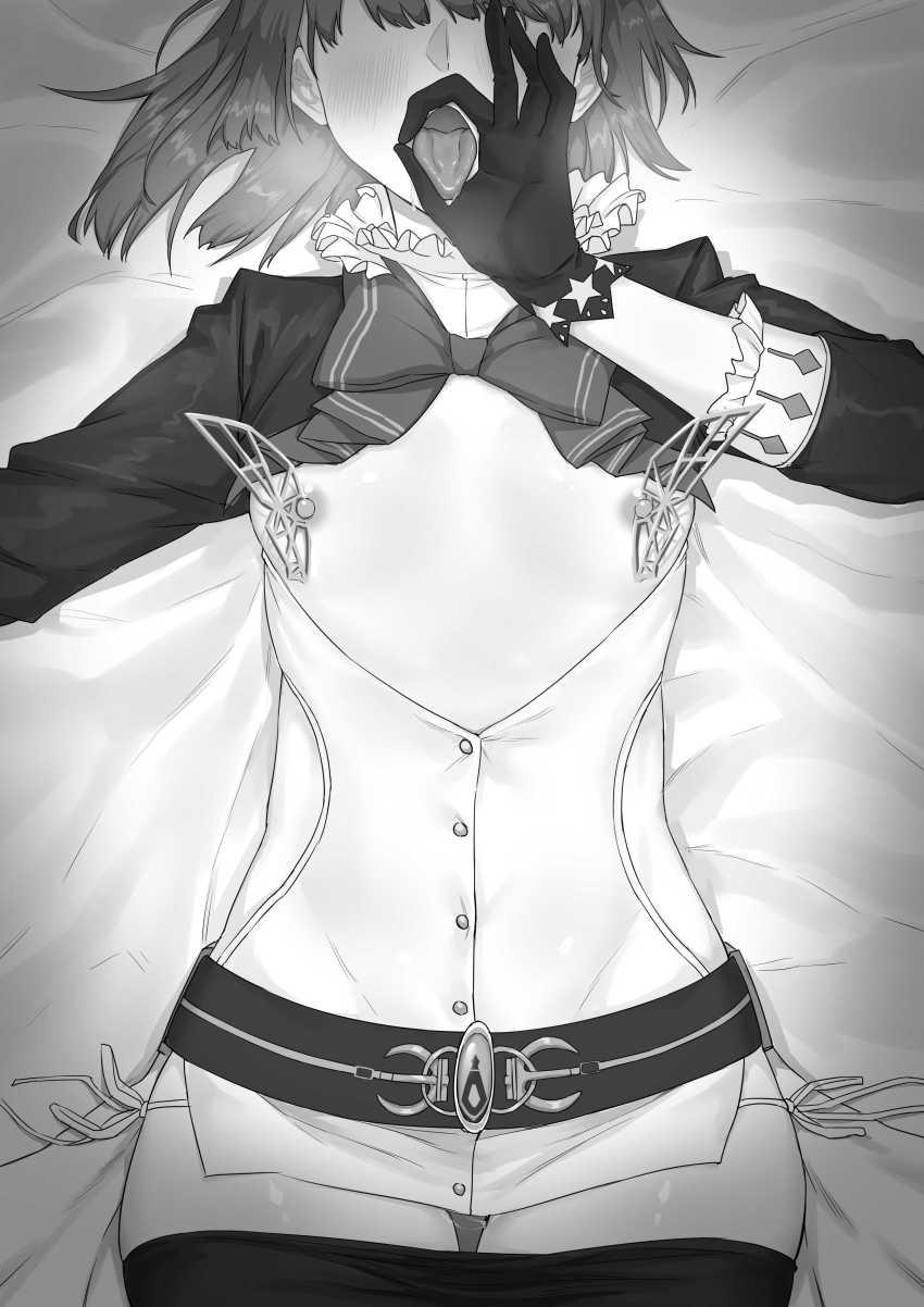 absurdres bad_id bad_pixiv_id breasts breasts_apart breasts_out dawalixi gloves greyscale highres monochrome nipple_piercing nipples open_mouth piercing short_hair small_breasts solo tongue tongue_out warship_girls_r wisconsin_(warship_girls_r)