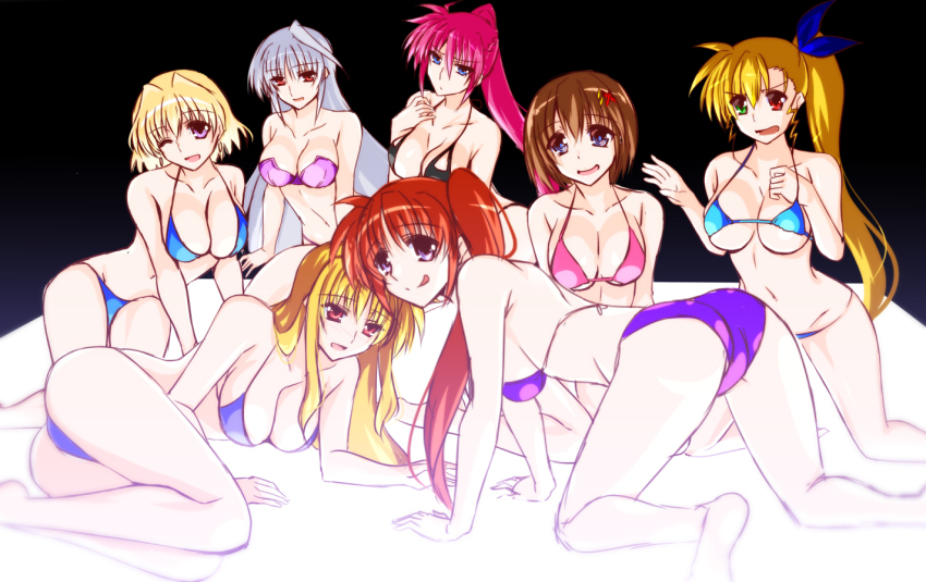 6+girls ass bikini black_bikini blonde_hair blue_bikini blue_eyes breasts brown_hair cleavage engo_(aquawatery) fate_testarossa green_eyes hair_ornament heterochromia high_ponytail long_hair lyrical_nanoha mahou_shoujo_lyrical_nanoha mahou_shoujo_lyrical_nanoha_vivid multiple_girls navel orange_hair pink_bikini ponytail purple_bikini purple_eyes red_eyes reinforce ribbon shamal short_hair side_ponytail signum silver_hair strapless strapless_bikini swimsuit takamachi_nanoha vivio yagami_hayate