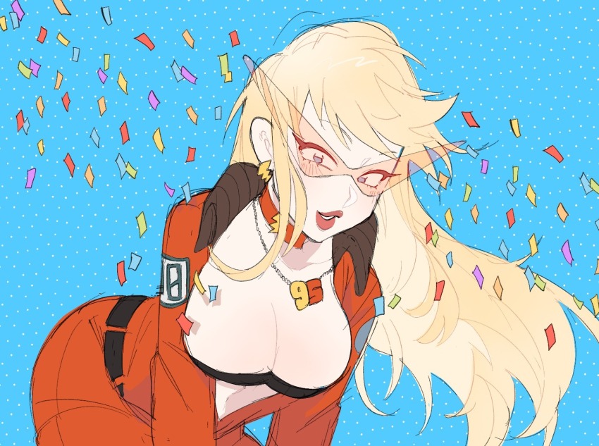 1girl bent_over blonde_hair blue_background blush breasts cars_(movie) choker cleavage commentary earrings english_commentary genderswap genderswap_(mtf) highres jewelry jumpsuit kamina_shades large_breasts lightning_bolt_earrings lightning_bolt_symbol lightning_mcqueen long_hair looking_at_viewer necklace open_jumpsuit parted_lips pendant personification smile solo sunglasses tokimekiwaku triangular_eyewear very_long_hair