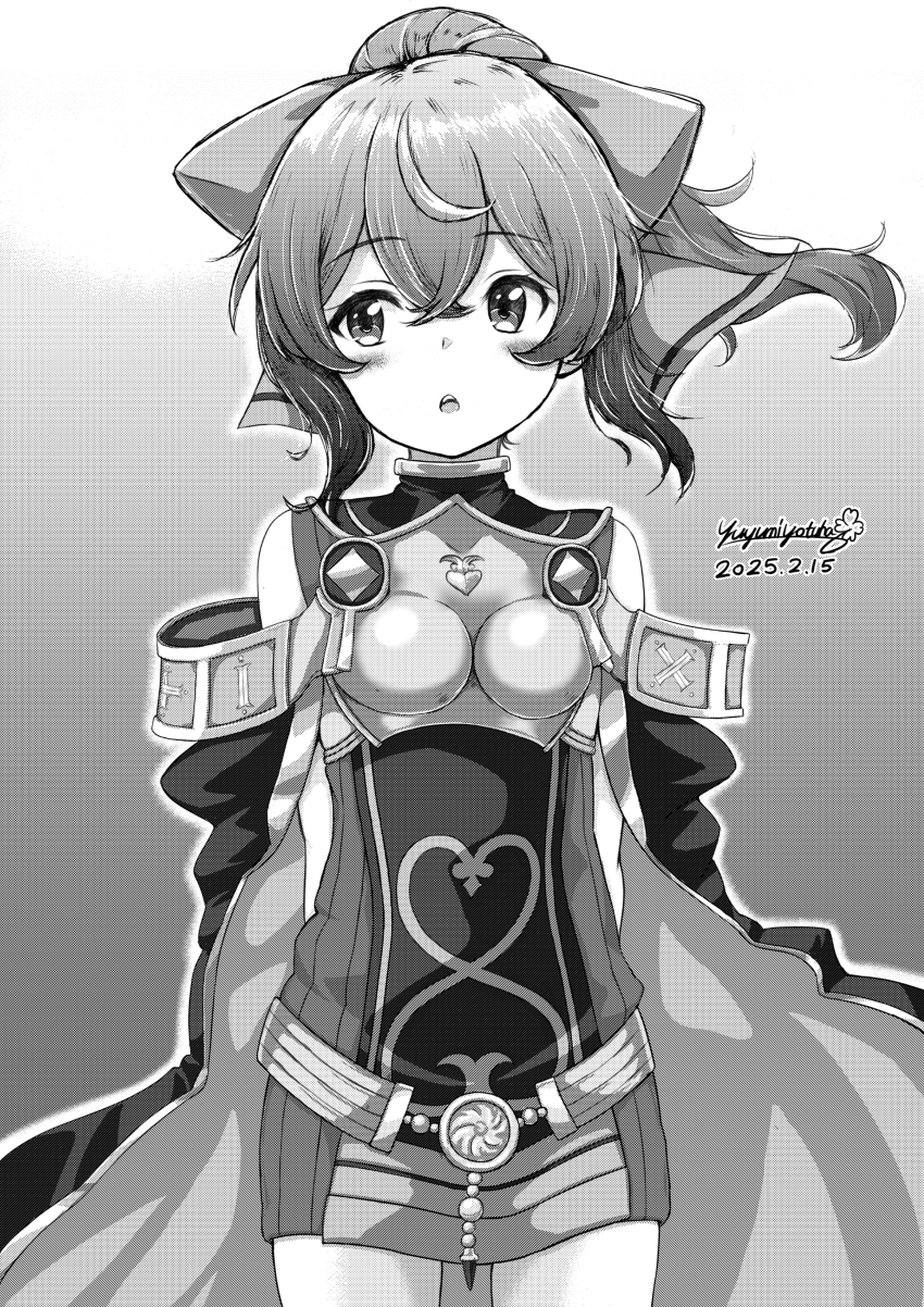 1girl :o absurdres armor arms_behind_back bow breastplate cowboy_shot dated delthea_(fire_emblem) dress facing_viewer fire_emblem fire_emblem_echoes:_shadows_of_valentia greyscale hair_between_eyes hair_bow highres looking_to_the_side monochrome nintendo open_mouth ponytail signature solo yuyumi_(yuurei)