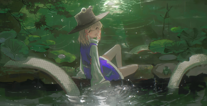 1girl :d absurdres animal axleaki blonde_hair brown_hat chinese_commentary commentary commentary_request english_commentary frilled_skirt frills frog full_body hair_ribbon hat highres leaf light_particles medium_hair mixed-language_commentary moriya_suwako open_mouth orange_ribbon outdoors plant pond purple_skirt purple_vest ribbon ripples shirt sitting skirt skirt_set sleeves_past_fingers sleeves_past_wrists smile snake solo touhou vest water white_shirt yellow_eyes