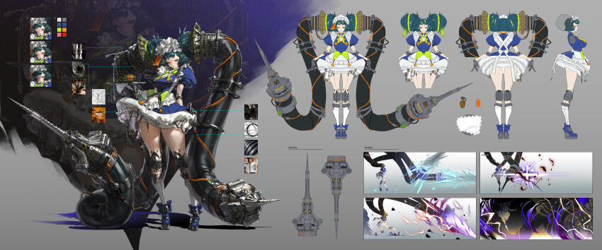 1girl absurdres arm_behind_back back blue_dress blue_shoes border bow bowtie bright_pupils cable closed_mouth color_guide concept_art contrapposto cyberpunk double_bun dress dress_bow drill explosive expression_chart facing_away frills full_body green_bow green_bowtie green_hair grenade hair_bun half-closed_eyes hand_up heart highres holding holding_tray huge_hair_bun joints juliet_sleeves long_sleeves looking_at_viewer maid maid_headdress mechanical_tentacles medium_hair menacing mintcandyboxxx multiple_views one_eye_closed original platform_shoes profile puffy_sleeves red_eyes reference_inset reference_sheet robot_girl robot_joints shaded_face shadow shoes standing straight-on talisman tentacle_hair tray turnaround zoom_layer