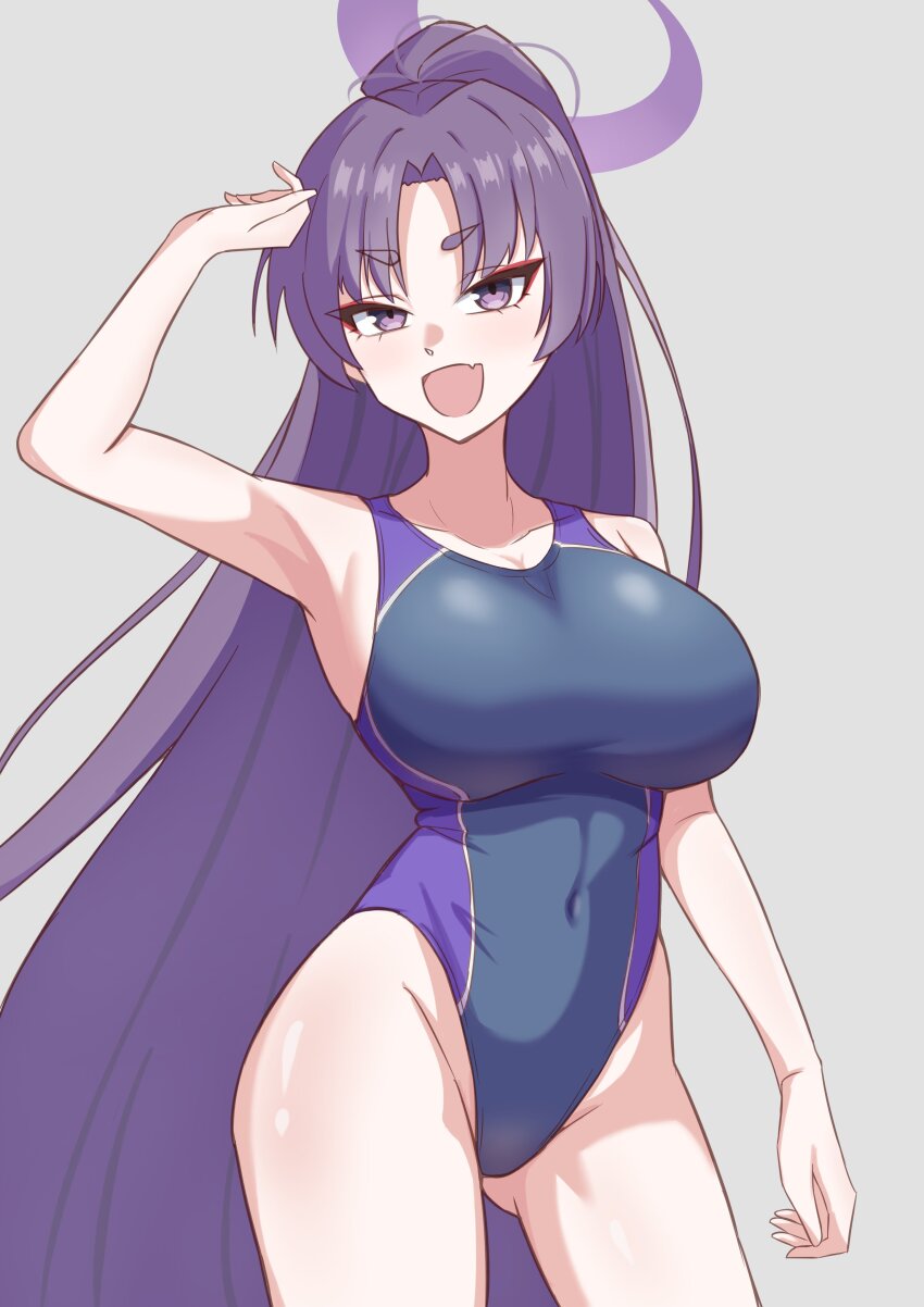 1girl absurdres alternate_costume blue_archive blue_one-piece_swimsuit breasts competition_swimsuit contrapposto covered_navel grey_background halo highleg highleg_one-piece_swimsuit highres large_breasts long_hair minaduki0707 one-piece_swimsuit open_mouth purple_eyes purple_hair purple_halo simple_background smile solo swimsuit yukari_(blue_archive)