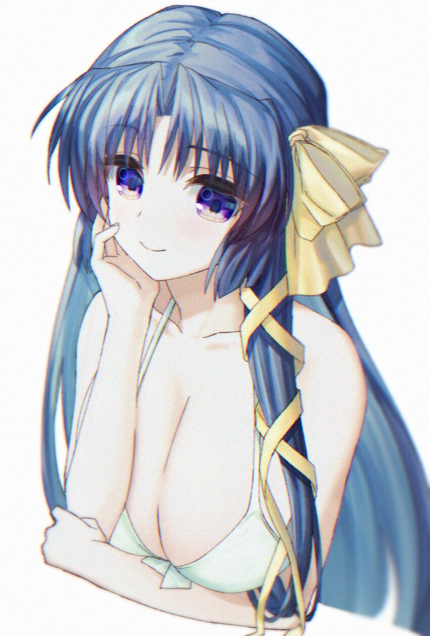 1girl arm_under_breasts bare_arms bikini black_hair blunt_ends bow breasts cleavage closed_mouth collarbone commentary film_grain hair_bow hair_ribbon hand_on_own_chest hand_up happy highres kurugaya_yuiko large_breasts light_blush little_busters! long_hair looking_at_viewer natsuoto_rito parted_bangs purple_eyes ribbon sidelocks simple_background smile solo straight_hair swimsuit tress_ribbon tsurime upper_body very_long_hair white_background white_bikini yellow_bow yellow_ribbon