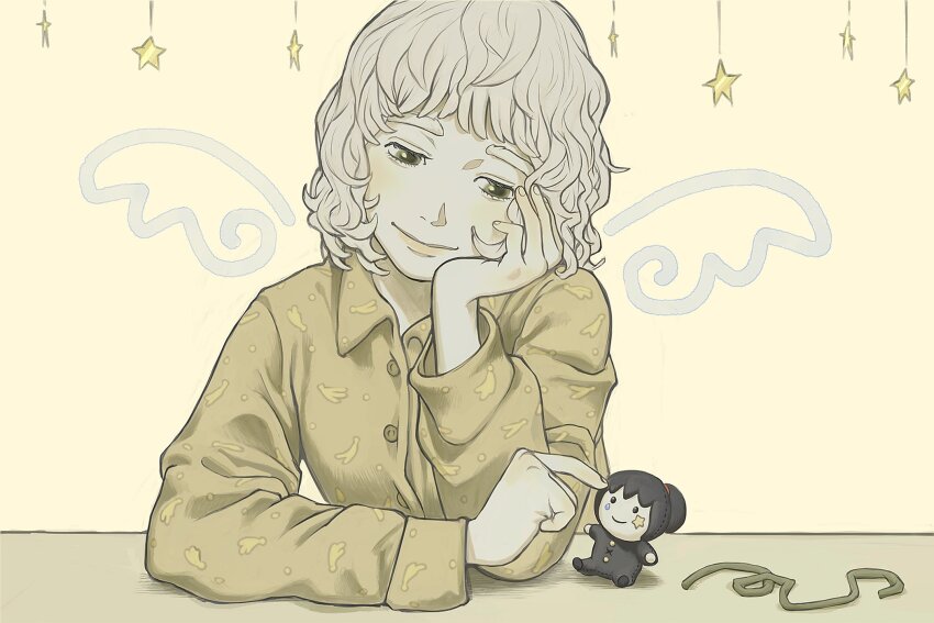 1girl arms_on_table banana_print brown_pajamas buttons character_doll collared_shirt commentary curly_hair drawn_wings food_print fruit_print green_eyes hand_on_own_cheek hand_on_own_face head_rest highres kirizaki-kun_wa. kirizaki_ei long_sleeves looking_at_object pajamas poking print_pajamas q-gou_(no_nine_84) shirt simple_background smile solo taka_moriko thick_eyebrows unworn_ribbon upper_body white_hair
