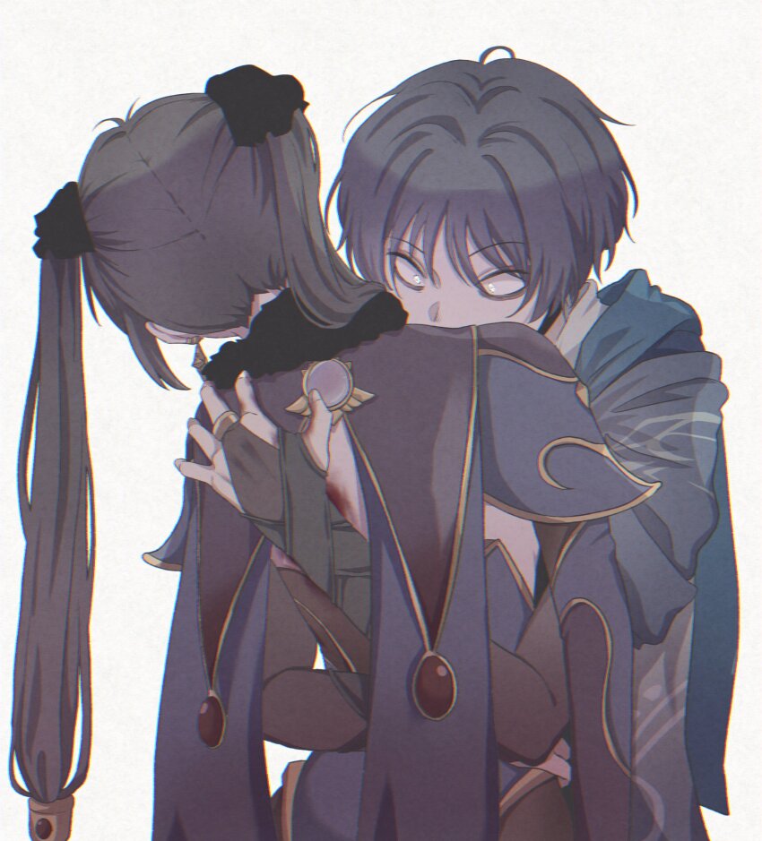 1boy 1girl antenna_hair arm_around_waist arm_at_side black_bow black_hair black_pantyhose blood blood_on_back blue_cape bodystocking bow cape constricted_pupils despair earrings from_behind fur-trimmed_collar fur_collar fur_trim gem genshin_impact gold gold_trim hair_bow hair_over_shoulder hands_on_another&#039;s_back head_on_another&#039;s_shoulder head_tilt hetero highleg highleg_leotard highres hug implied_death japanese_clothes jewelry kimono leotard long_hair loose_hair_strand mona_(genshin_impact) naysucc open_hand pantyhose ponytail_holder purple_leotard purple_sleeves red_gemstone scaramouche_(genshin_impact) single_sidelock star_(symbol) star_earrings twintails vision_(genshin_impact) wanderer_(genshin_impact) white_background white_kimono white_trim