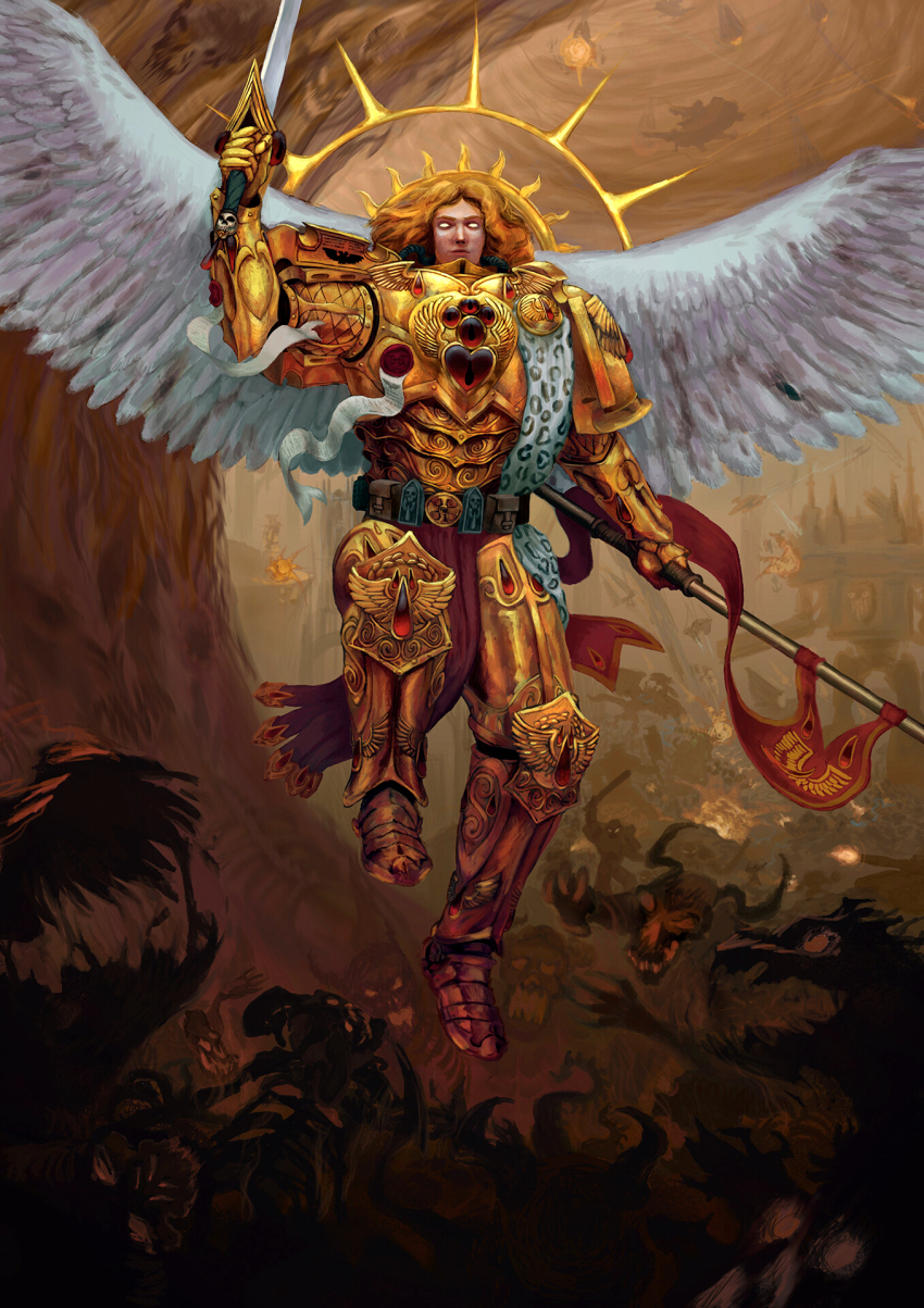 6+boys adeptus_astartes aircraft angel angel_wings armor armor_writing armored_boots banner battle battlefield belt blade_encarmine blonde_hair blood blood_angels boots breastplate chainsword claws commentary couter cuirass deepseaweed demon english_commentary eye_of_horus_(warhammer) eyes_of_horus_(warhammer_40k) firing gauntlets gem gold_armor greaves halo halo_behind_head highres holding holding_chainsword holding_polearm holding_sword holding_weapon imperial_aquila leg_armor leopard_pelt long_hair male_focus military_vehicle motor_vehicle multiple_boys muscle_cuirass ornate_armor outdoors pauldrons pelt pelvic_curtain polearm poleyn power_armor primarch purity_seal reaching red_gemstone rerebrace sanguinius shoulder_armor skeleton skull_ornament solo_focus spear_of_telesto sword tank teardrop-shaped_gem titan_(warhammer_40k) vortex war warhammer_40k weapon white_eyes white_wings wings