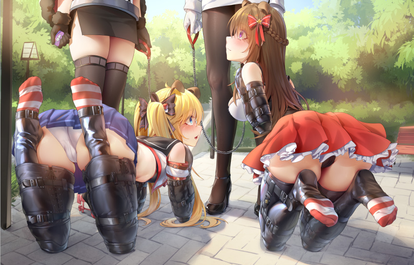 4girls all_fours andrea_doria_(warship_girls_r) animal_ears bdsm black_bow black_panties blonde_hair blue_eyes blue_skirt bondage bound bow braid brown_hair character_request controller dog_ears fake_animal_ears hair_bow half_up_braid highres holding holding_leash human_dog leash long_hair multiple_girls outdoors panties pet_play pleated_skirt purple_eyes ray_(pixiv9514208) red_skirt remote_control school_uniform serafuku skirt socks striped_clothes striped_socks twintails underwear warship_girls_r white_panties