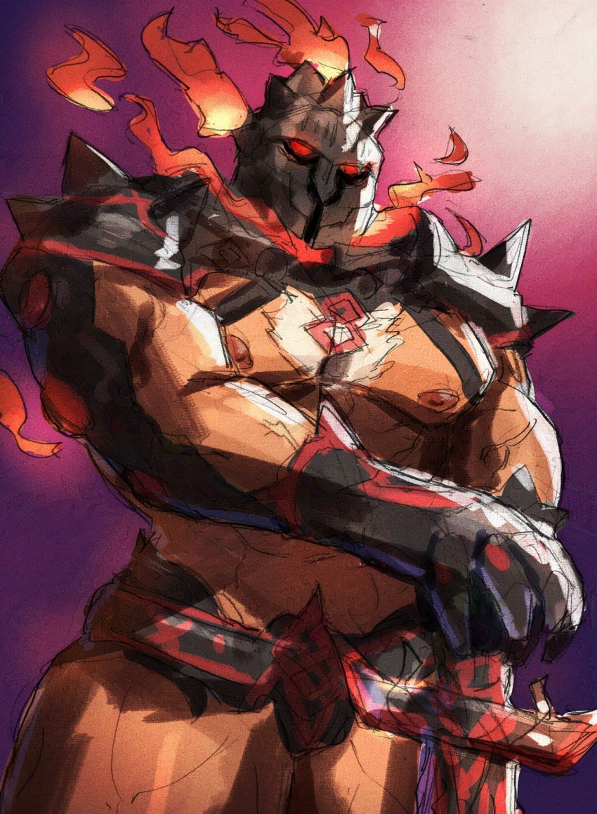 1boy abs bara bare_pectorals chest_hair cowboy_shot dark-skinned_male dark_skin glowing glowing_eyes harness helmet highres large_pectorals male_focus muscular muscular_male nipples pectorals planted planted_sword planted_weapon red_eyes solo standing stomach suna_sand1 surtr_(housamo) sword thick_chest_hair thick_thighs thighs tokyo_houkago_summoners weapon