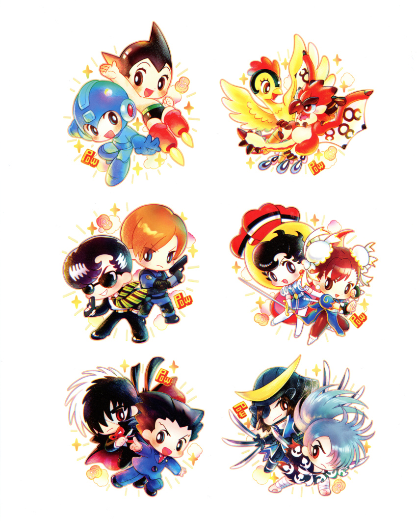 3girls 6+boys :d absurdres ace_attorney arm_up armor atom_(tetsuwan_atom) bandaged_leg bandages barefoot black_coat black_footwear black_hair black_jack_(character) black_jack_(series) black_jacket black_kimono black_pants blue_eyes blue_hair blue_jacket blue_pants blue_suit brown_eyes brown_hair bun_cover capcom chibi chibi_only chromatic_aberration chun-li closed_mouth coat coat_on_shoulders crossover curly_hair dororo_(tezuka) dot_nose dragon earrings eyelashes eyepatch eyes_visible_through_hair formal_clothes frown full_body green_necktie grin gun hair_over_one_eye handgun helmet hi_no_tori hi_no_tori_(character) highres holding holding_gun holding_sword holding_weapon humanoid_robot hyakkimaru_(dororo) hyoutantsugi jacket japanese_armor japanese_clothes jewelry kabuto_(helmet) kataiwa_yuri kimono knee_pads leon_s._kennedy long_hair long_sleeves mega_man_(character) mega_man_(series) monster_hunter_(series) multicolored_hair multiple_boys multiple_girls multiple_swords neck_ribbon necktie non-web_source official_art open_clothes open_jacket open_mouth pants phoenix_wright pointing pointing_at_viewer ponytail princess_sapphire prosthetic_weapon puff_and_slash_sleeves puffy_short_sleeves puffy_sleeves rathian red_eyes red_necktie red_ribbon resident_evil resident_evil_2 ribbon ribbon_no_kishi robot rock_(tezuka_osamu) scan sengoku_basara shoes short_hair short_sleeves shoulder_pads simple_background smile sparkle split-color_hair street_fighter striped_necktie suit sunglasses sword tetsuwan_atom tezuka&#039;s_star_system torn_clothes torn_kimono trait_connection v-shaped_eyebrows weapon white_background white_hair wyvern