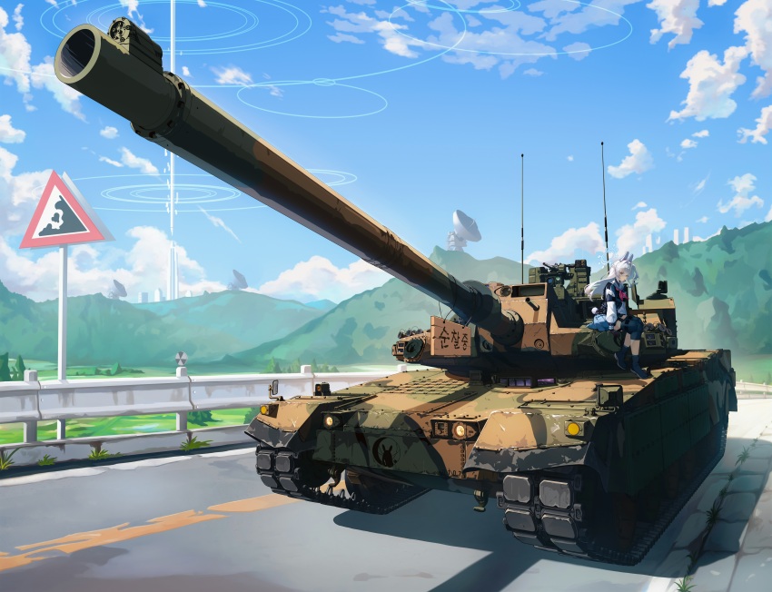 1girl absurdres animal_ears antennae armband black_bow blue_archive blue_halo blue_serafuku blue_sky boots bow braid browning_m2 building bulletproof_vest caterpillar_tracks cityscape cloud commentary day emblem english_commentary fake_animal_ears falling_rocks_sign full_body gloves grass gun hair_bow half_up_half_down_braid halo hanging_sign heavy_machine_gun highres hill k2_black_panther kivotos knee_pads long_hair machine_gun mikanjam military_vehicle miyako_(blue_archive) motor_vehicle neckerchief on_tank original outdoors pillar_of_light pink_neckerchief pouch purple_eyes rabbit_ears railing remote_weapon_system road satellite_dish school_uniform serafuku shadow sign sitting sky smoke_grenade_launcher studded_gloves tactical_clothes tactical_school_uniform tank tank_turret two-tone_gloves vest weapon white_hair