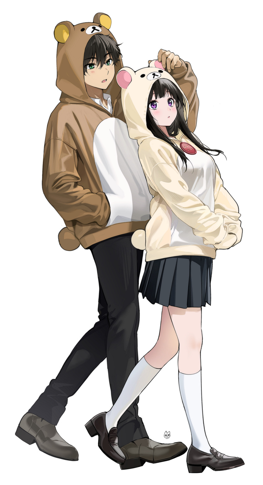 1boy 1girl absurdres alternate_costume animal_hood artist_logo bear_hood black_hair blush chitanda_eru highres hood hoodie hyouka kneehighs korilakkuma logo long_hair mery_(yangmalgage) oreki_houtarou pants purple_eyes rilakkuma san-x school_uniform shoes short_hair skirt socks
