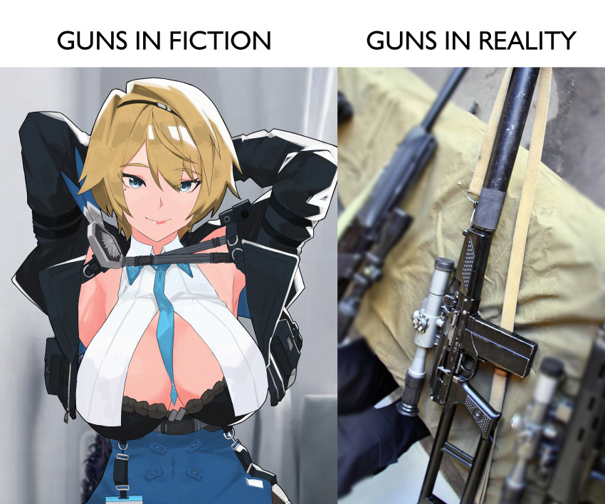 1girl absurdres arms_behind_head between_breasts black_bra black_jacket blonde_hair blue_eyes blue_necktie blue_skirt bra breasts closed_mouth commentary english_text girls&#039;_frontline girls&#039;_frontline_2:_exilium gun highres jacket large_breasts looking_at_viewer mole mole_under_eye necktie necktie_between_breasts nikketa_(girls&#039;_frontline_2) open_clothes open_jacket photo_inset rifle short_hair skirt smile sniper_rifle symbol-only_commentary underwear upper_body variasii vsk-94 vsk-94_(girls&#039;_frontline) weapon