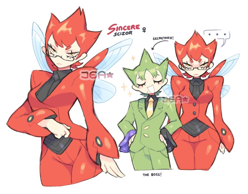 ... 1boy 1girl alternate_color arthropod_girl black-framed_eyewear black_flower black_rose black_shirt character_name closed_eyes collared_shirt expressionless flower formal_clothes gen_2_pokemon gen_3_pokemon glasses green_hair green_pants green_suit half-closed_eyes hands_on_own_hips highres humanization insect_wings jacket jea_(voltaej) long_sleeves mole mole_under_eye multiple_views nintendo open_mouth pants pokemon purple_flower purple_rose rectangular_eyewear red_hair red_jacket red_pants red_suit rose roselia_(pokemon) scizor semi-rimless_eyewear shiny_pokemon shirt short_eyebrows short_hair sleeves_past_wrists smile solo_focus spiked_hair spoken_ellipsis suit suit_jacket u_u wings yellow_eyes