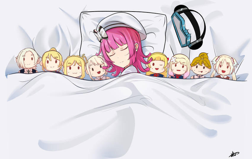 1girl absurdres beret blanket blunt_bangs blunt_ends character_doll closed_eyes doll hat head-mounted_display headset_removed heanna_sumire highres love_live! love_live!_nijigasaki_high_school_idol_club lying mia_taylor miyashita_ai ohara_mari on_side pillow pink_hair short_hair sleeping solo sonoda_umi stuffed_toy tennoji_rina under_covers whin white_hat