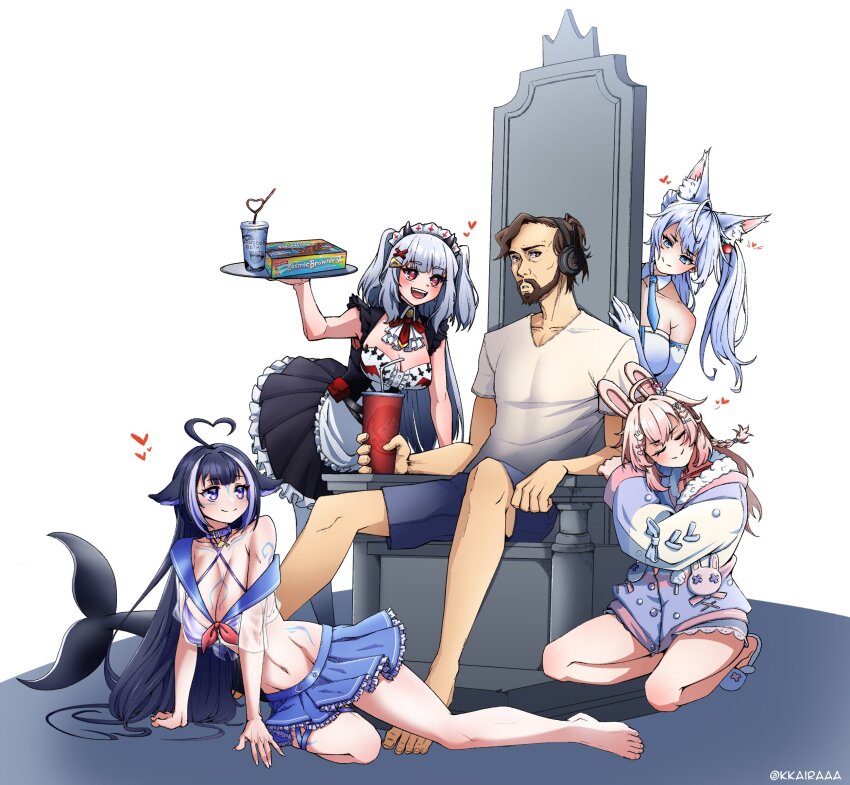:d absurdres ahoge animal_ear_fluff animal_ears animal_slippers apron arm_support arm_tattoo artist_name asmongold barefoot bath_water_(meme) beard belt_collar bikini bikini_under_clothes black_hair black_skirt blue_collar blue_shorts blue_skirt body_markings breasts cetacean_tail chest_tattoo cleavage cleavage_cutout closed_eyes clothing_cutout collar collarbone commentary cup disposable_cup elbow_gloves english_commentary facial_hair facial_tattoo fins fish_tail full_body gloves groin_tendon hair_ornament hand_up headphones heart heart_ahoge heart_hair_ornament highres holding holding_tray indie_virtual_youtuber kirsche_verstahl kkairaaa kneeling large_breasts leg_tattoo long_hair looking_at_another looking_at_viewer lucy_pyre maid_headdress meme multicolored_hair mustache navel open_mouth orca_girl pajamas phase_connect pink_hair pink_pajamas pipkin_pippa pipkin_pippa_(1st_costume) purple_eyes rabbit_ears rabbit_girl rabbit_hair_ornament rabbit_ornament real_life red_eyes see-through_clothes see-through_shirt shirt shorts shylily shylily_(1st_costume) simple_background sitting skirt slippers smile streaked_hair swimsuit tail tattoo thighs throne toes tray twintails twitter_username virtual_youtuber wendy&#039;s whale_girl white_background white_gloves white_hair white_shirt