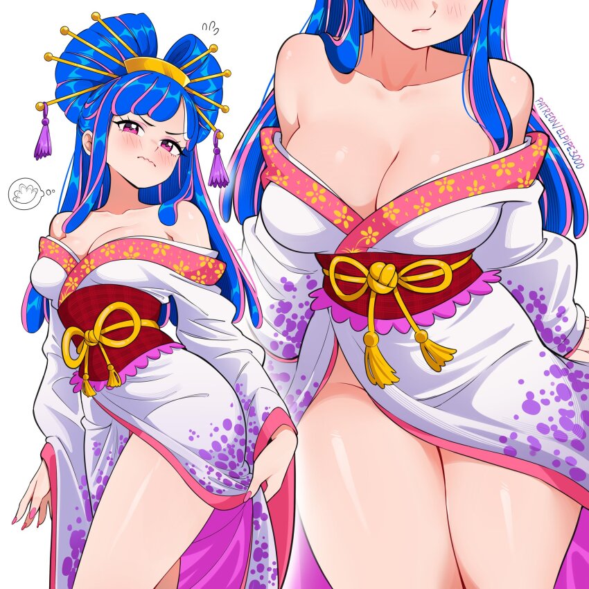 1girl bare_shoulders blue_hair blush breasts cleavage elpipe_3000 hair_ornament hair_stick highres japanese_clothes large_breasts long_hair multicolored_hair multiple_views no_panties oiran one_piece purple_eyes purple_hair simple_background solo thighhighs two-tone_hair ulti_(one_piece) white_background