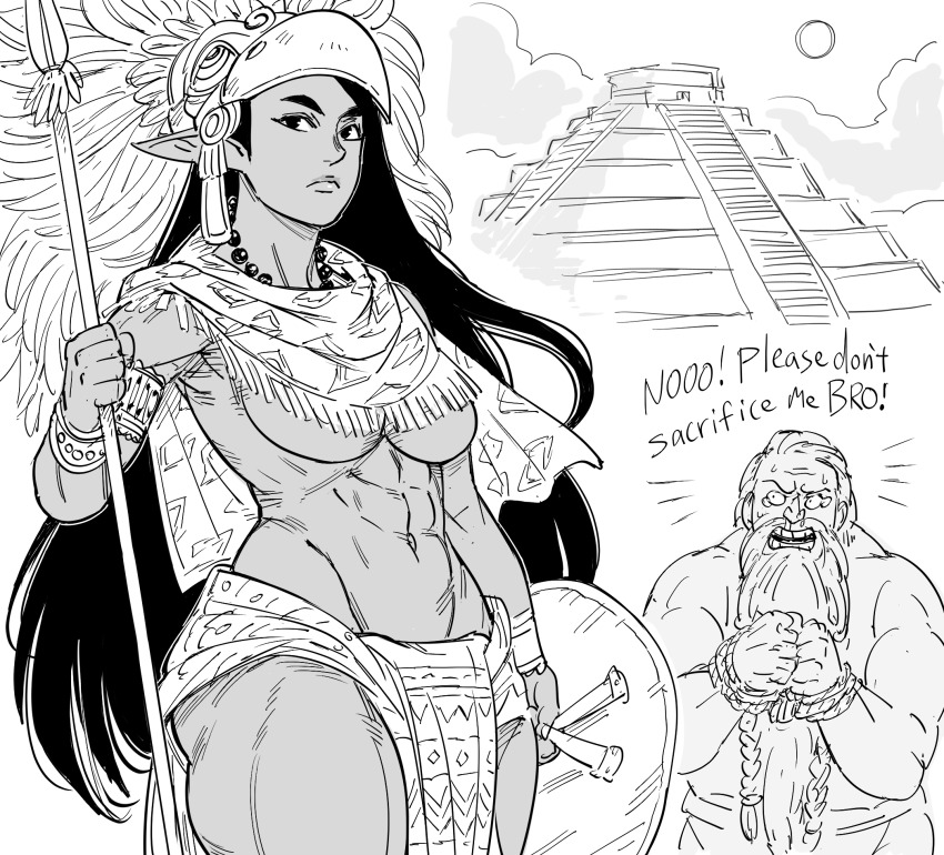 1boy 1girl abs architecture aztec bb_(baalbuddy) beard braid braided_beard breasts closed_mouth commentary dark-skinned_female dark_elf dark_skin dwarf elf english_commentary english_text facial_hair greyscale highres holding holding_polearm holding_shield holding_spear holding_weapon large_breasts loincloth long_beard long_hair looking_at_viewer mesoamerican_architecture monochrome muscular muscular_female navel original pelvic_curtain pointy_ears polearm shield simple_background spear sun thick_thighs thighs underboob weapon white_background wide-eyed wristband ziggurat
