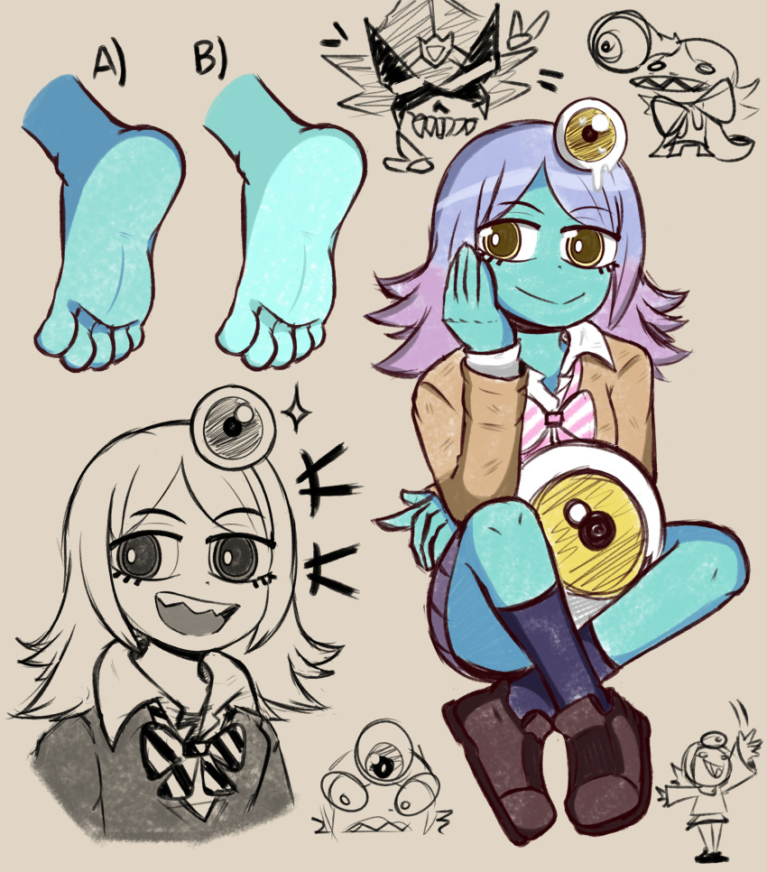 1girl absurdres alien barefoot colored_skin feet green_skin highres midori_(uchuu_patrol_luluco) mintytoid purple_hair soles uchuu_patrol_luluco
